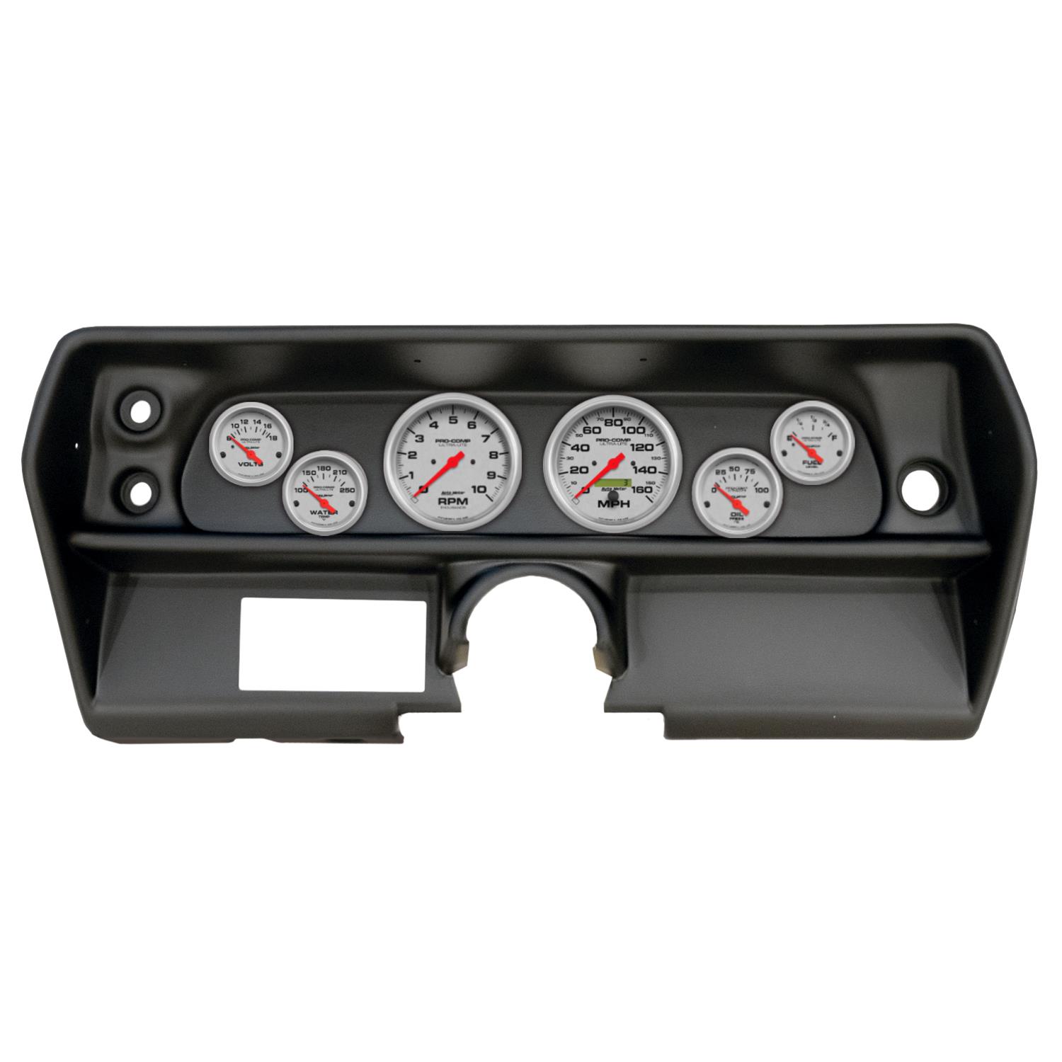 AutoMeter Ultra-Lite Instrument Clusters for 1968 CHEVY II - 2905-13 Gauge Kit, Ultra-Lite, Analog, Silver Face, Speedometer, Tach, Oil, Water, Volt, Fuel, Black Numbers, Red Pointers, Black Panel, Chevy, Kit