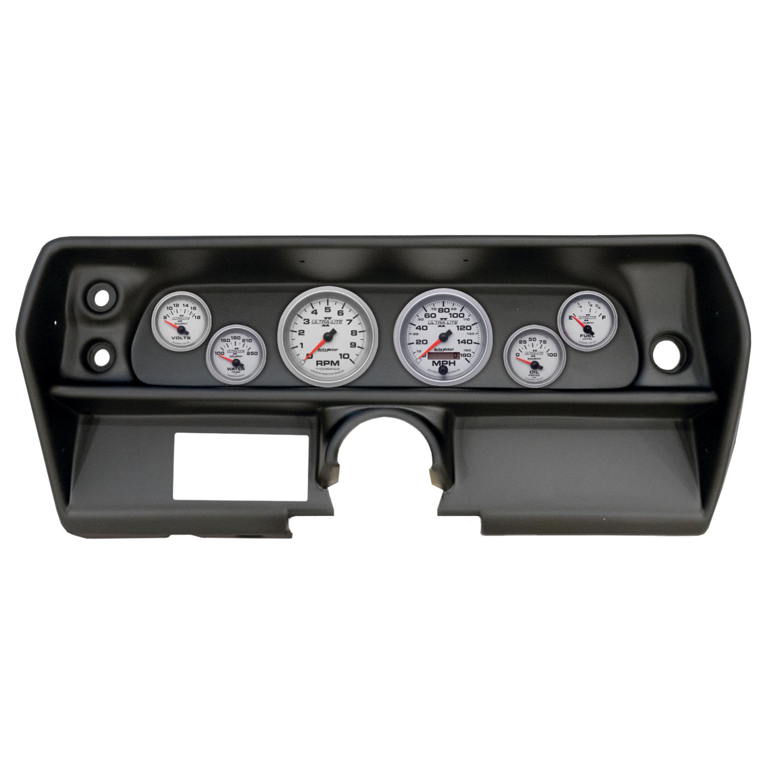 AutoMeter Ultra-Lite II Instrument Clusters for 1968 CHEVY - 2905-14 Gauge Kit, II, Analog, Silver Face, Speedometer, Tach, Oil, Water, Volt, Fuel, Black Numbers, Red Pointers, Black Panel, Chevy, Kit