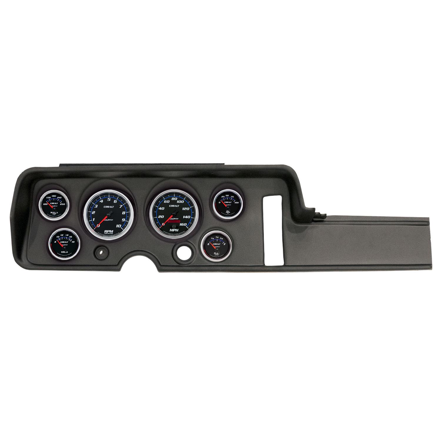 AutoMeter Cobalt Instrument Clusters for 1968 GTO, LEMANS - 2906-05 Gauge Kit, Cobalt, Analog, Black Face, Speedometer, Tach, Oil, Water, Volt, Fuel, White/Blue Numbers, Red Pointers, Black Panel, Chevy, Kit