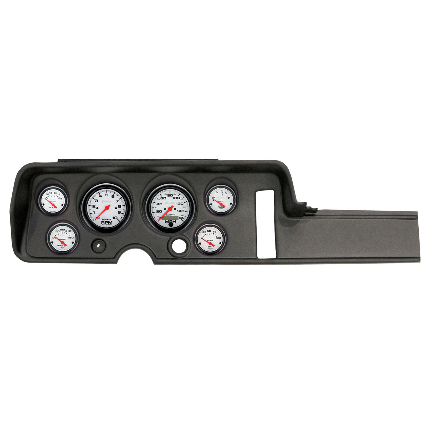 AutoMeter Phantom Instrument Clusters for 1968 GTO, LEMANS - 2906-09 Gauge Kit, Phantom, Analog, White Face, Speedometer, Tach, Oil, Water, Volt, Fuel, Black Numbers, Red Pointers, Black Panel, Chevy, Kit