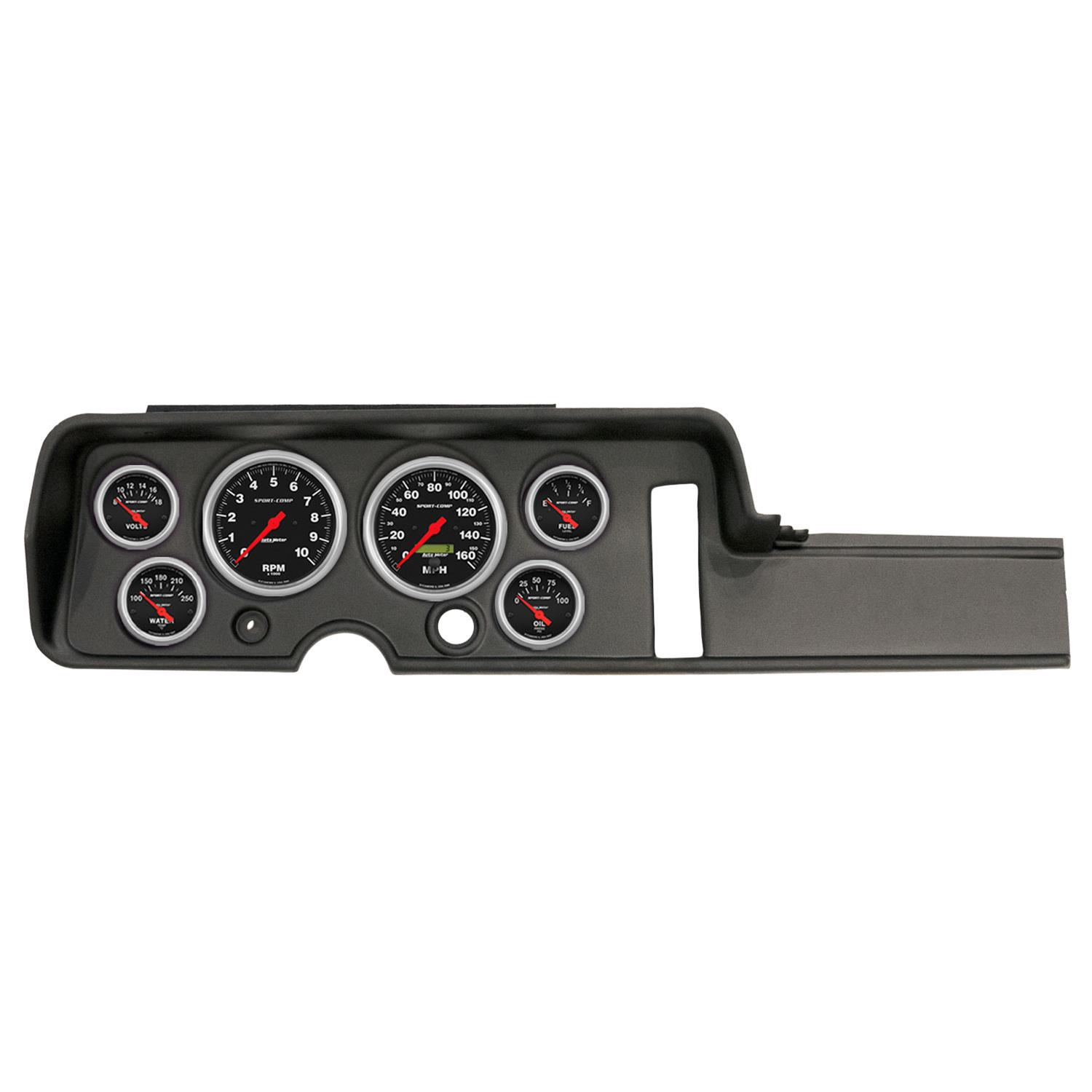 AutoMeter Sport-Comp Instrument Clusters for 1968 GTO, LEMANS - 2906-11 Gauge Kit, Sport-Comp, Analog, Black Face, Speedometer, Tach, Oil, Water, Volt, Fuel, White Numbers, Red Pointers, Black Panel, Chevy, Kit