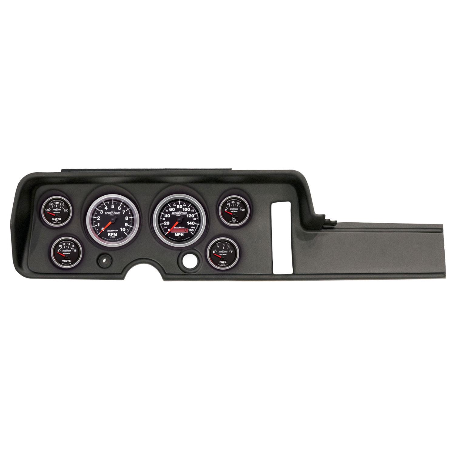 AutoMeter Sport-Comp II Instrument Clusters for 1968 GTO, LEMANS - 2906-12 Gauge Kit, II, Analog, Black Face, Speedometer, Tach, Oil, Water, Volt, Fuel, White Numbers, Red Pointers, Black Panel, Chevy, Kit
