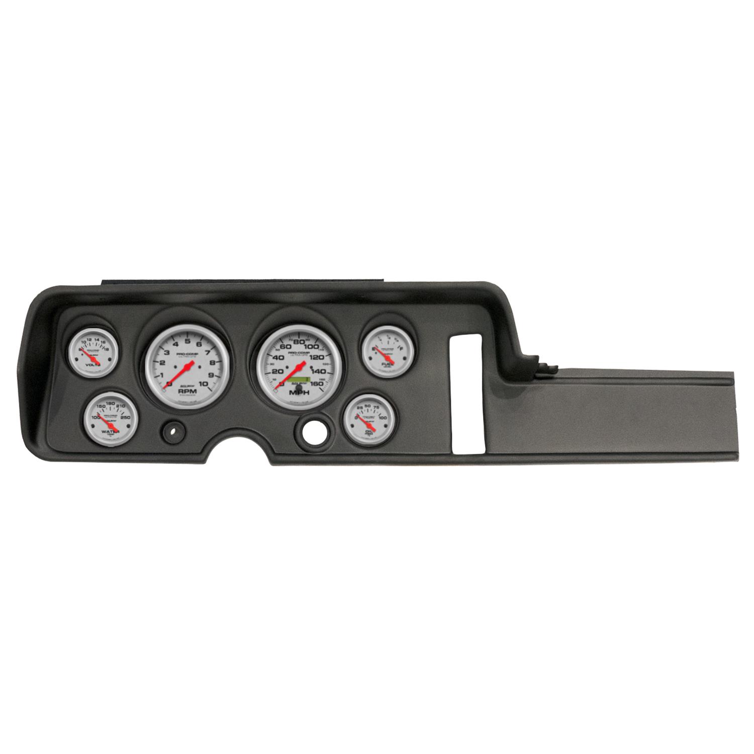 AutoMeter Ultra-Lite Instrument Clusters for 1968 GTO, LEMANS - 2906-13 Gauge Kit, Ultra-Lite, Analog, Silver Face, Speedometer, Tach, Oil, Water, Volt, Fuel, Black Numbers, Red Pointers, Black Panel, Chevy, Kit