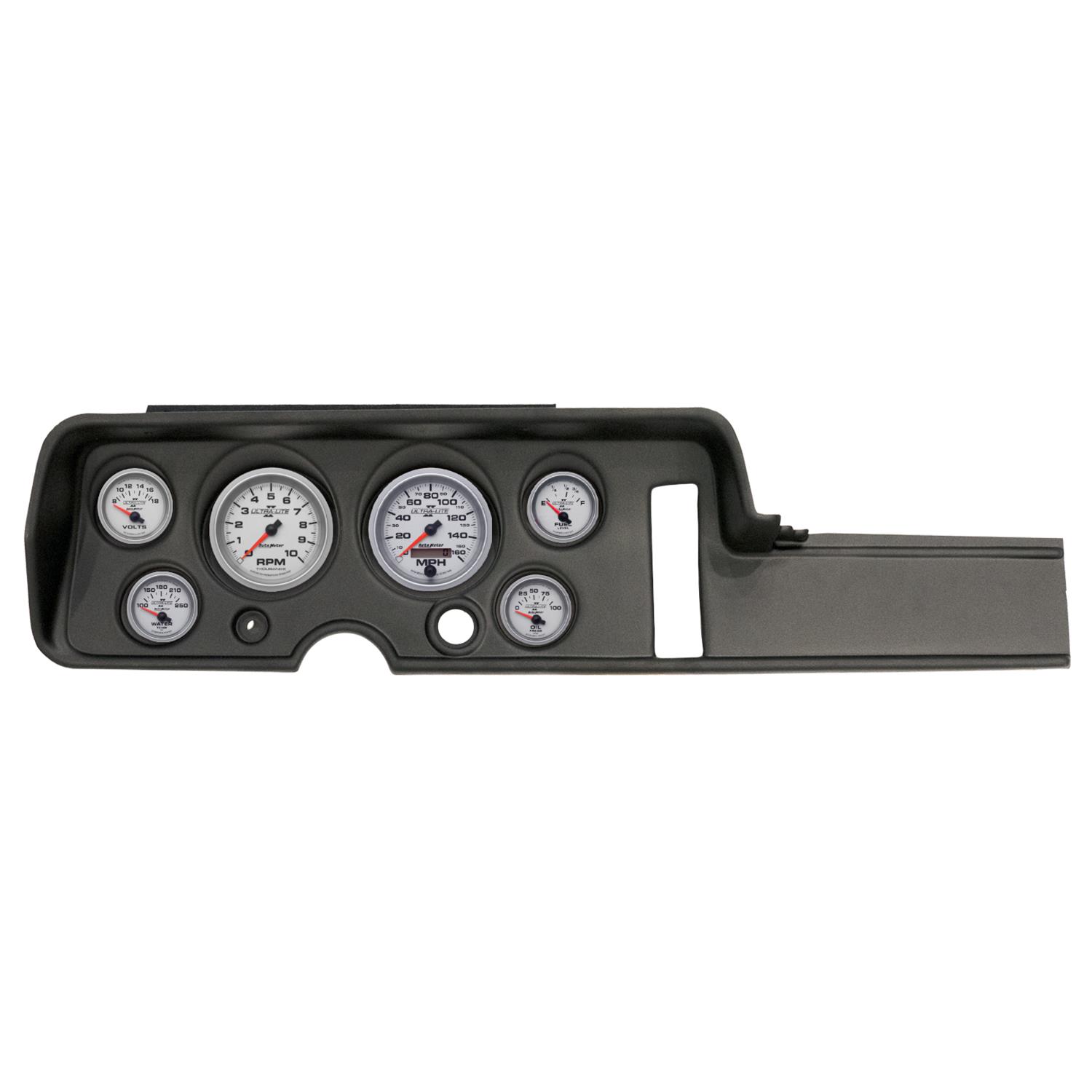 AutoMeter Ultra-Lite II Instrument Clusters for 1968 GTO, LEMANS - 2906-14 Gauge Kit, II, Analog, Silver Face, Speedometer, Tach, Oil, Water, Volt, Fuel, Black Numbers, Red Pointers, Black Panel, Chevy, Kit