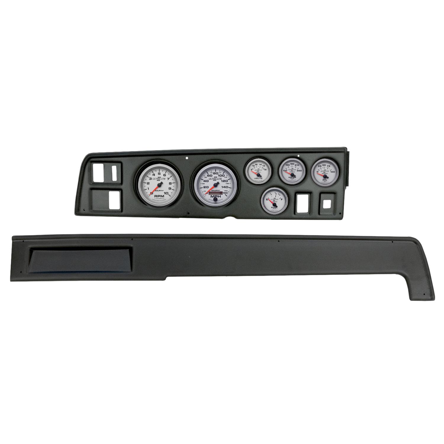 AutoMeter Ultra-Lite II Instrument Clusters 2907-14 Gauge Kit, II, Analog, Silver Face, Speedometer, Tach, Oil, Water, Volt, Fuel, Black Numbers, Red Pointers, Black Panel, Dodge, Kit