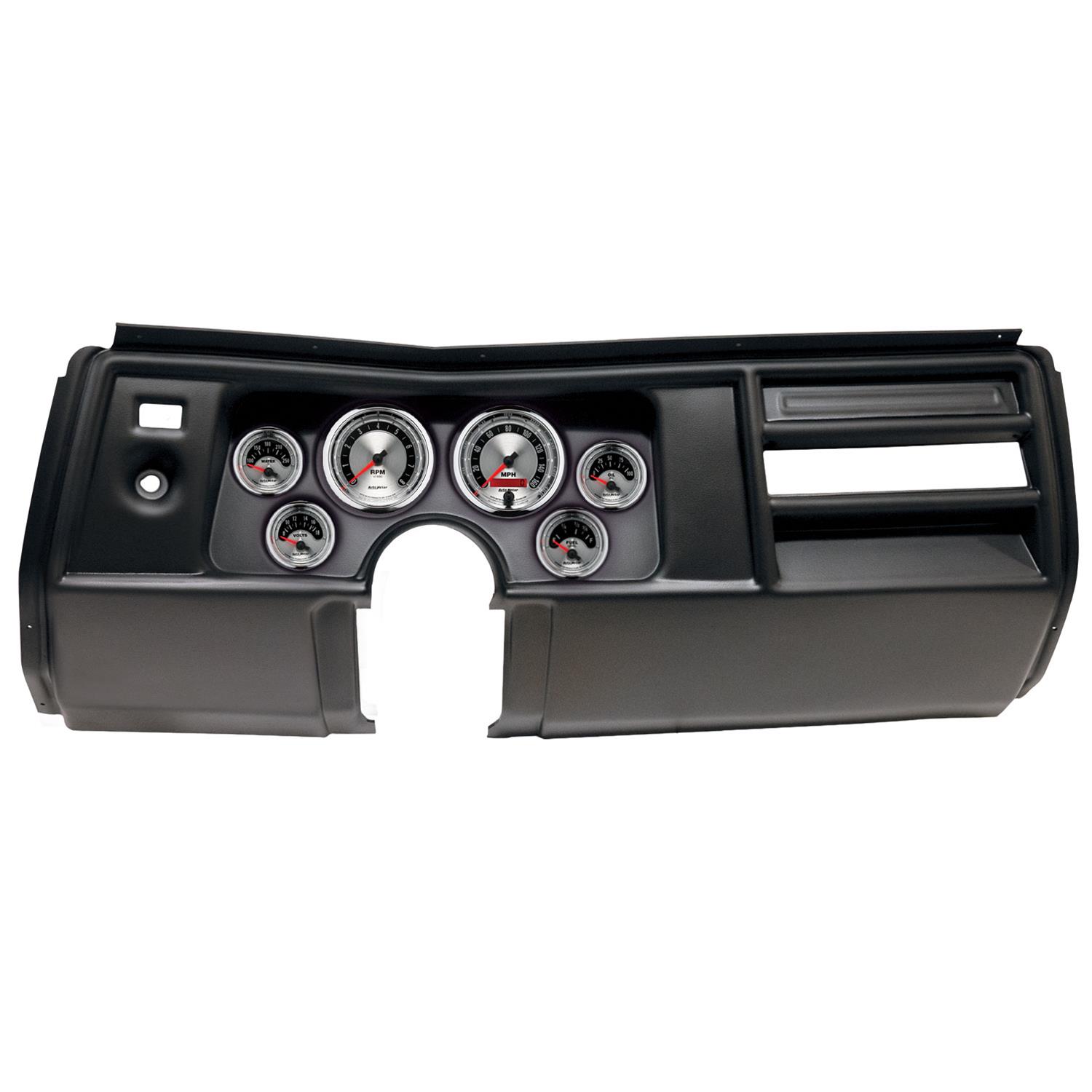 AutoMeter American Muscle Instrument Clusters for 1969 CHEVELLE, EL CAMINO - 2908-01 Gauge Kit, Muscle, Analog, Silver Face, Speedo, Tach, Oil, Water, Volt, Fuel, White Numbers, Red Pointers, Black Panel, Chevy, No Vent, Kit