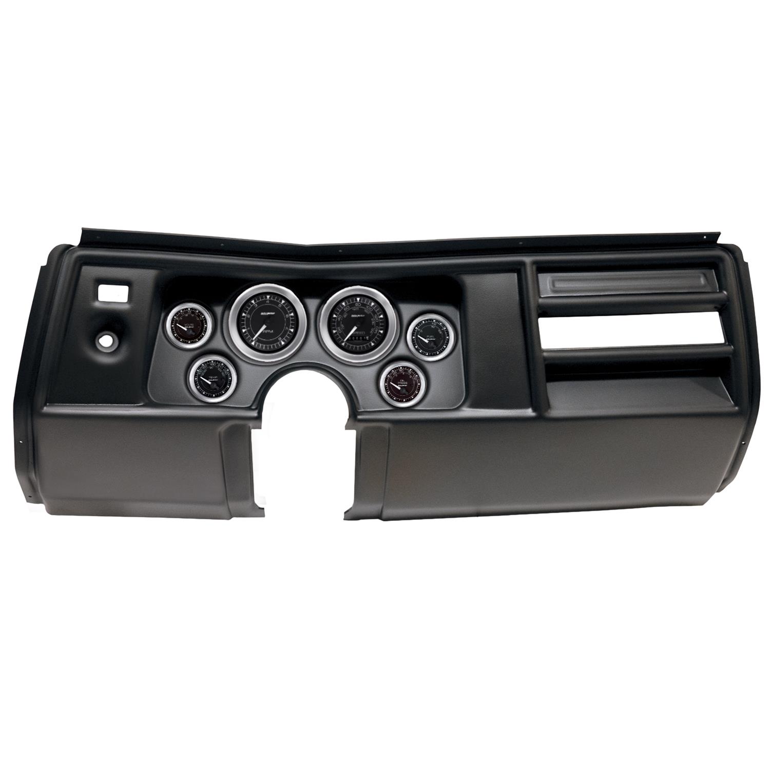 AutoMeter Chrono Instrument Clusters for 1969 CHEVELLE, EL CAMINO - 2908-04 Gauge Kit, Chrono, Analog, Black Face, Speedometer, Tach, Oil, Water, Volt, Fuel, White Numbers and Pointers, Black Panel, Chevy, No Vent, Kit