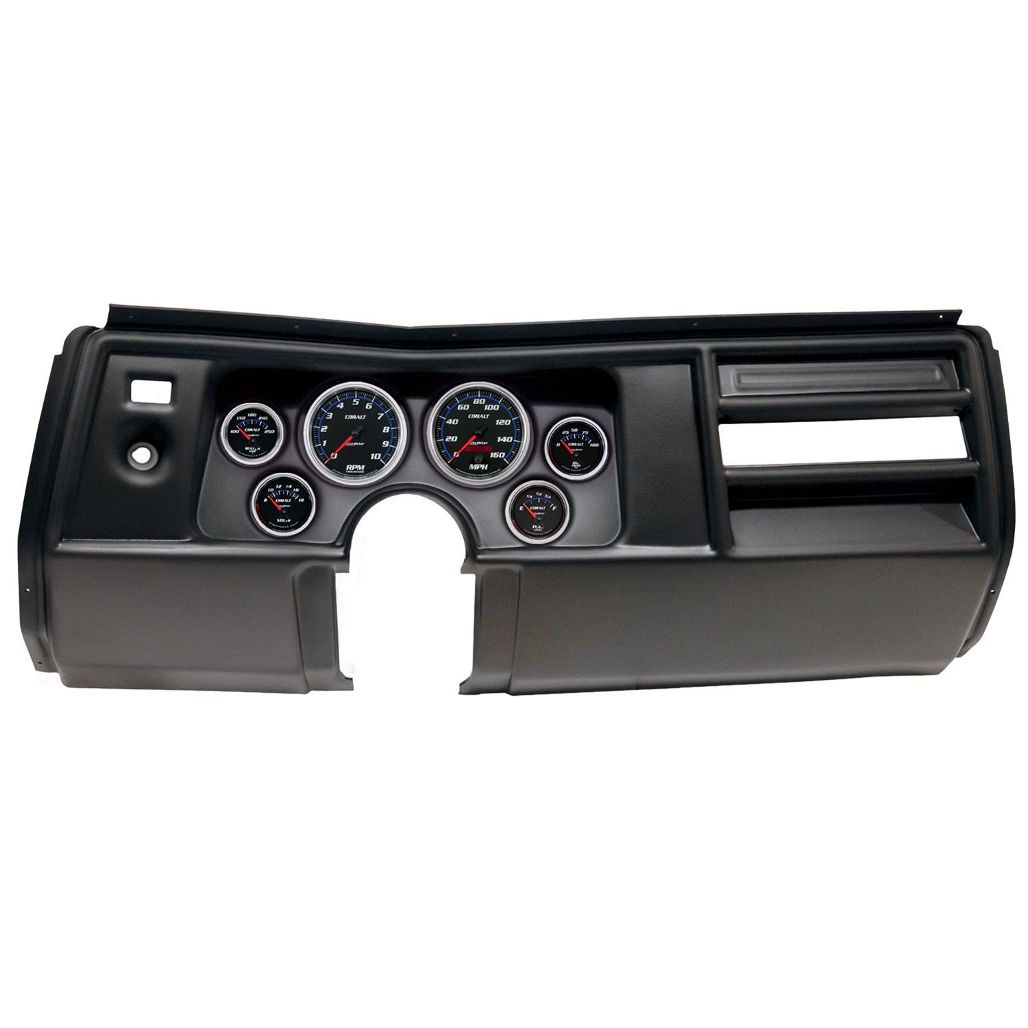 AutoMeter Cobalt Instrument Clusters for 1969 CHEVELLE, EL CAMINO - 2908-05 Gauge Kit, Cobalt, Analog, Black Face, Speedometer, Tach, Oil, Water, Volt, Fuel, White/Blue Numbers, Red Pointers, Black Panel, Chevy, No Vent, Kit