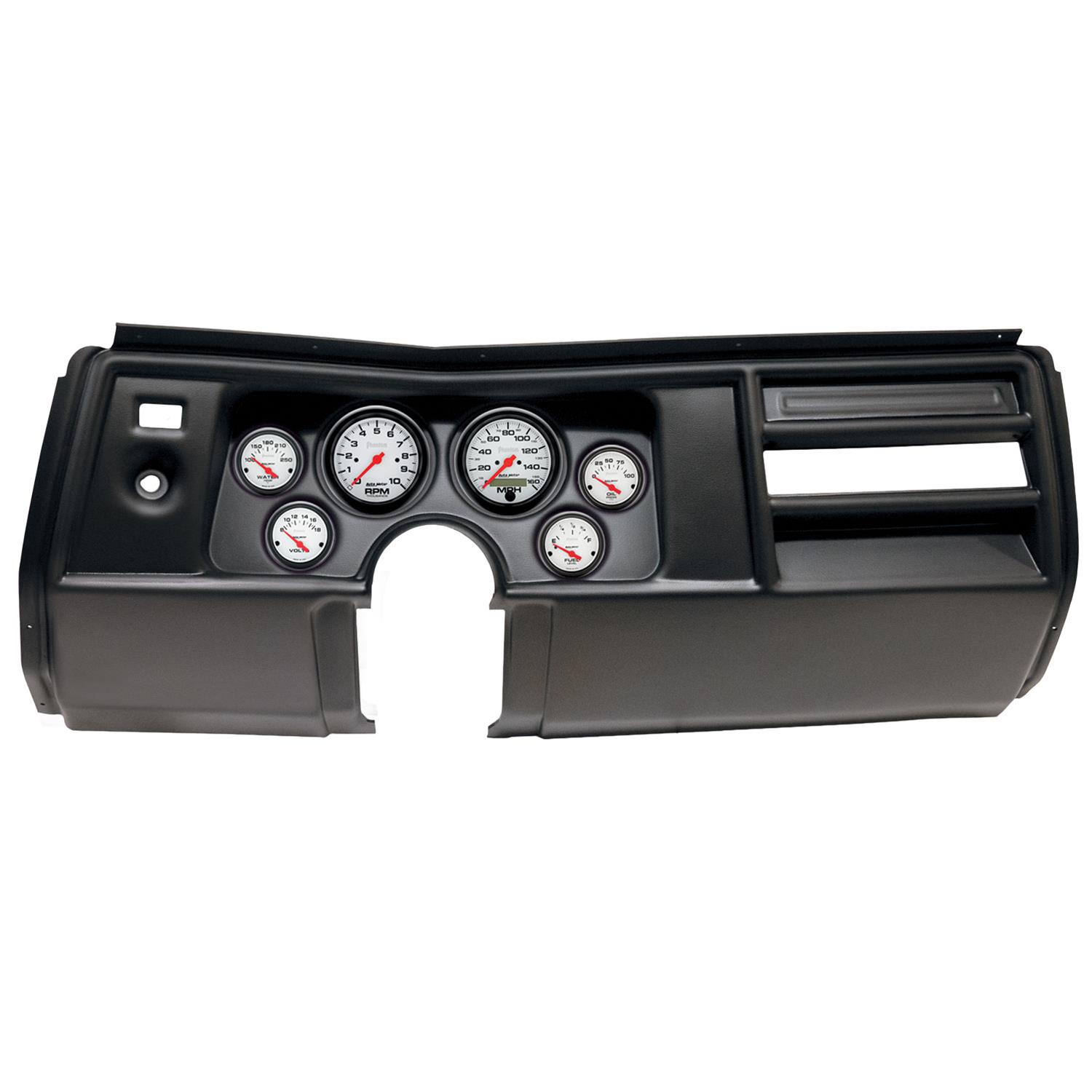 AutoMeter Phantom Instrument Clusters for 1969 CHEVELLE, EL CAMINO - 2908-09 Gauge Kit, Phantom, Analog, White Face, Speedometer, Tach, Oil, Water, Volt, Fuel, Black Numbers, Red Pointers, Black Panel, Chevy, No Vent, Kit