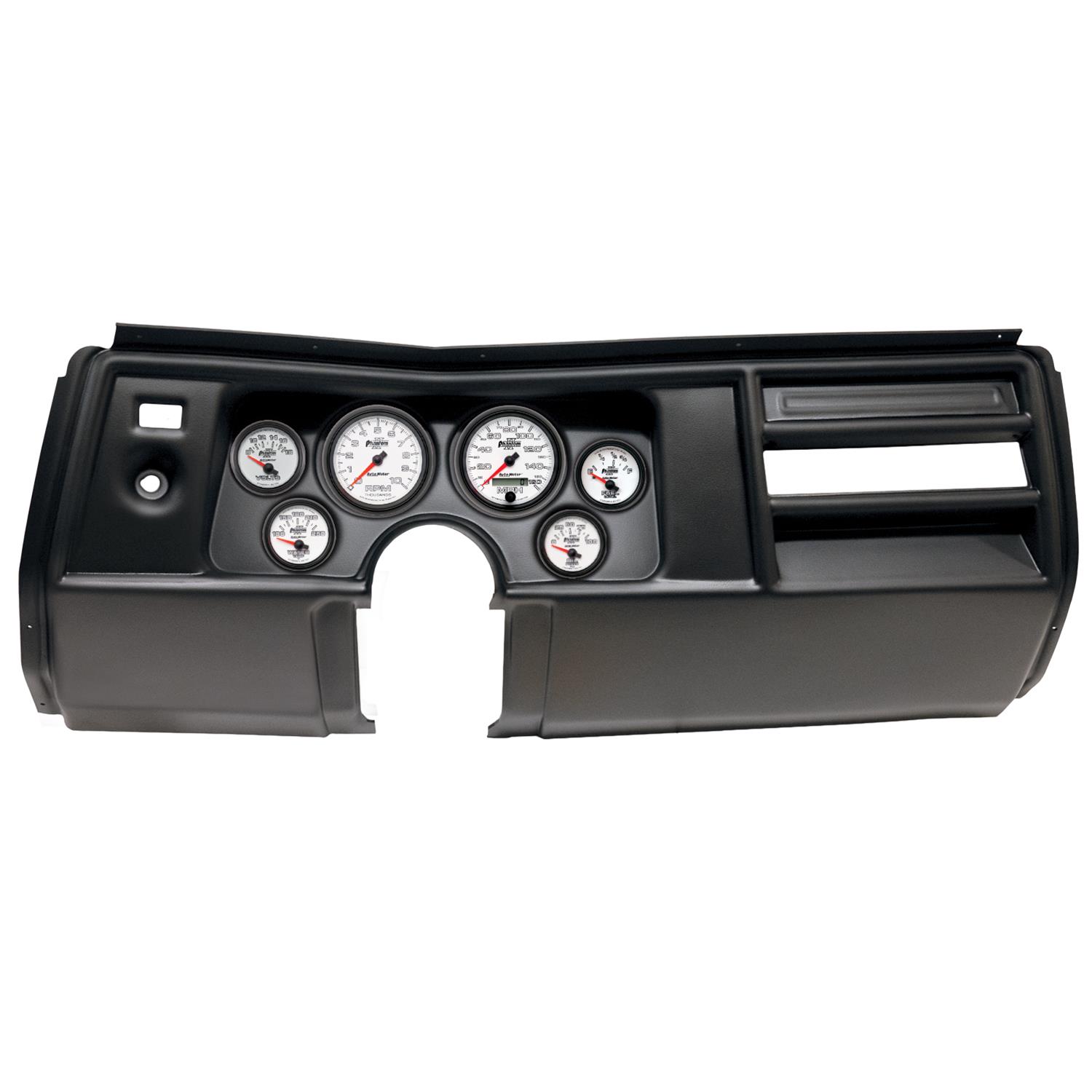 AutoMeter Phantom II Instrument Clusters for 1969 CHEVELLE, EL CAMINO - 2908-10 Gauge Kit, II, Analog, White Face, Speedometer, Tach, Oil, Water, Volt, Fuel, Silver Numbers, Red Pointers, Black Panel, Chevy, No Vent, Kit