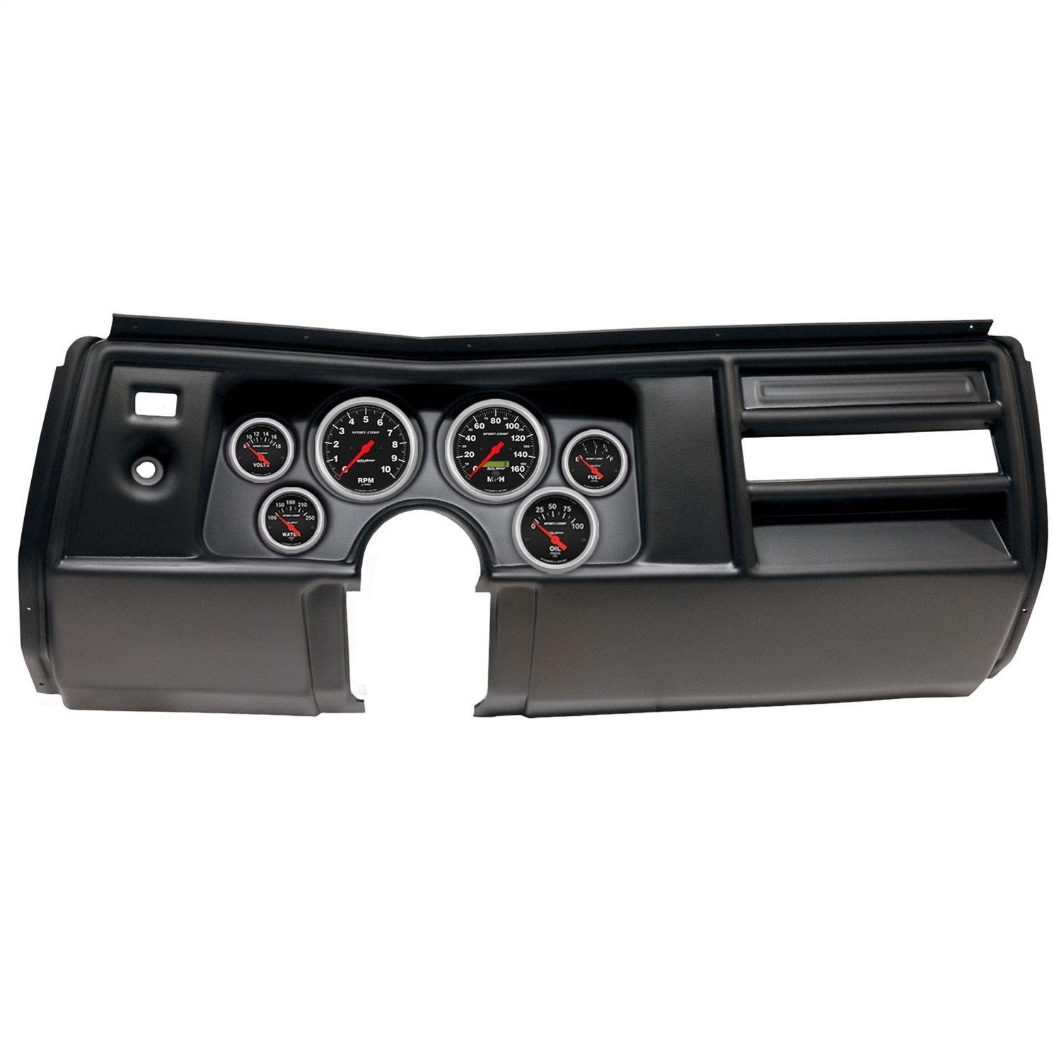 AutoMeter Sport-Comp Instrument Clusters for 1969 CHEVELLE, EL CAMINO - 2908-11 Gauge Kit, Sport-Comp, Analog, Black Face, Speedometer, Tach, Oil, Water, Volt, Fuel, White Numbers, Red Pointers, Black Panel, Chevy, No Vent, Kit
