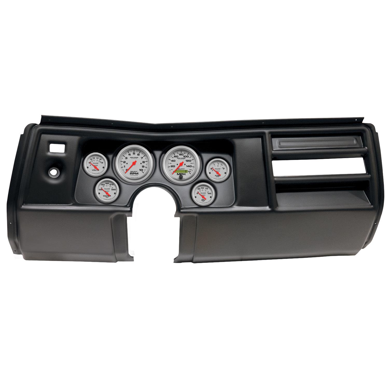 AutoMeter Ultra-Lite Instrument Clusters for 1969 CHEVELLE, EL CAMINO - 2908-13 Gauge Kit, Ultra-Lite, Analog, Silver Face, Speedometer, Tach, Oil, Water, Volt, Fuel, Black Numbers, Red Pointers, Black Panel, Chevy, No Vent, Kit
