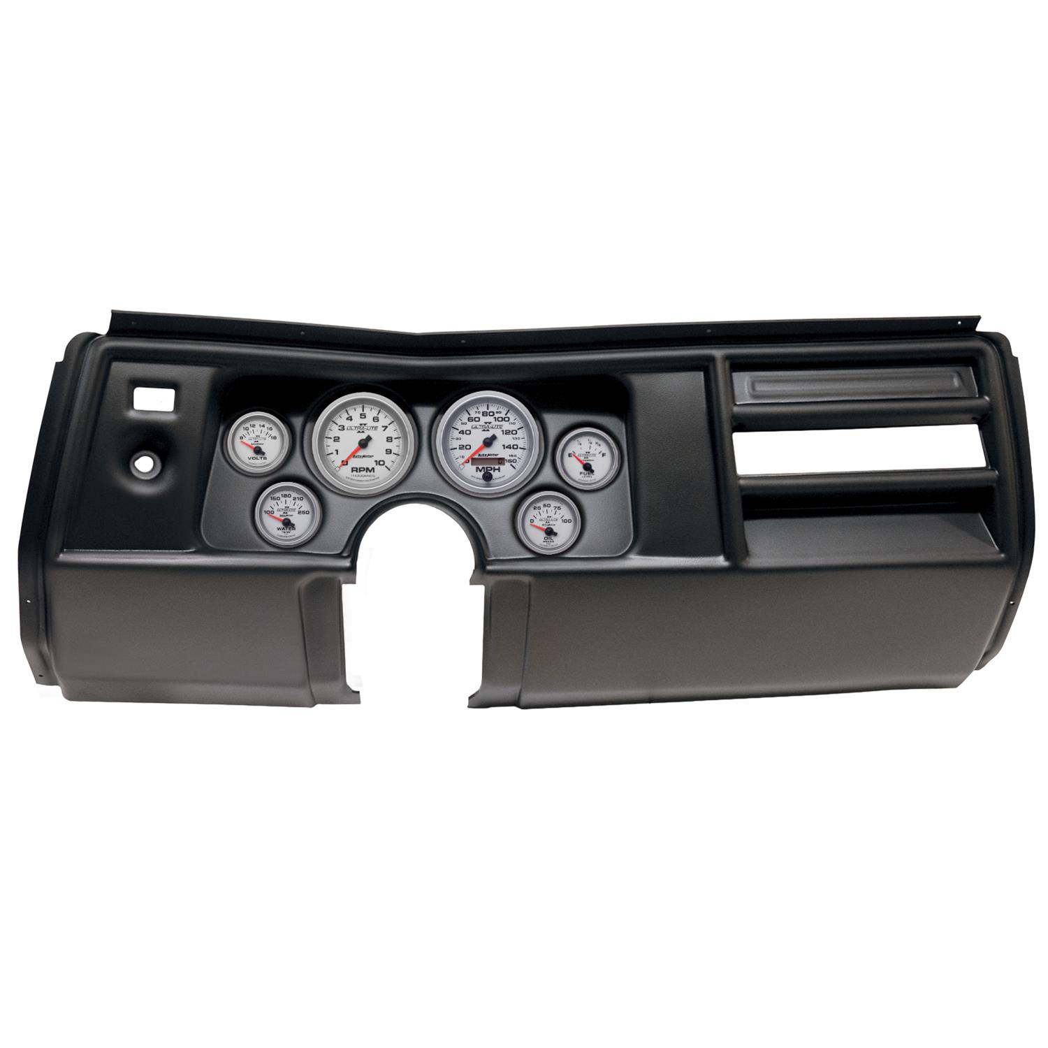 AutoMeter Ultra-Lite II Instrument Clusters for 1969 CHEVELLE, EL CAMINO - 2908-14 Gauge Kit, II, Analog, Silver Face, Speedo, Tach, Oil, Water, Volt, Fuel, Black Numbers, Red Pointers, Black Panel, Chevy, No Vent, Kit