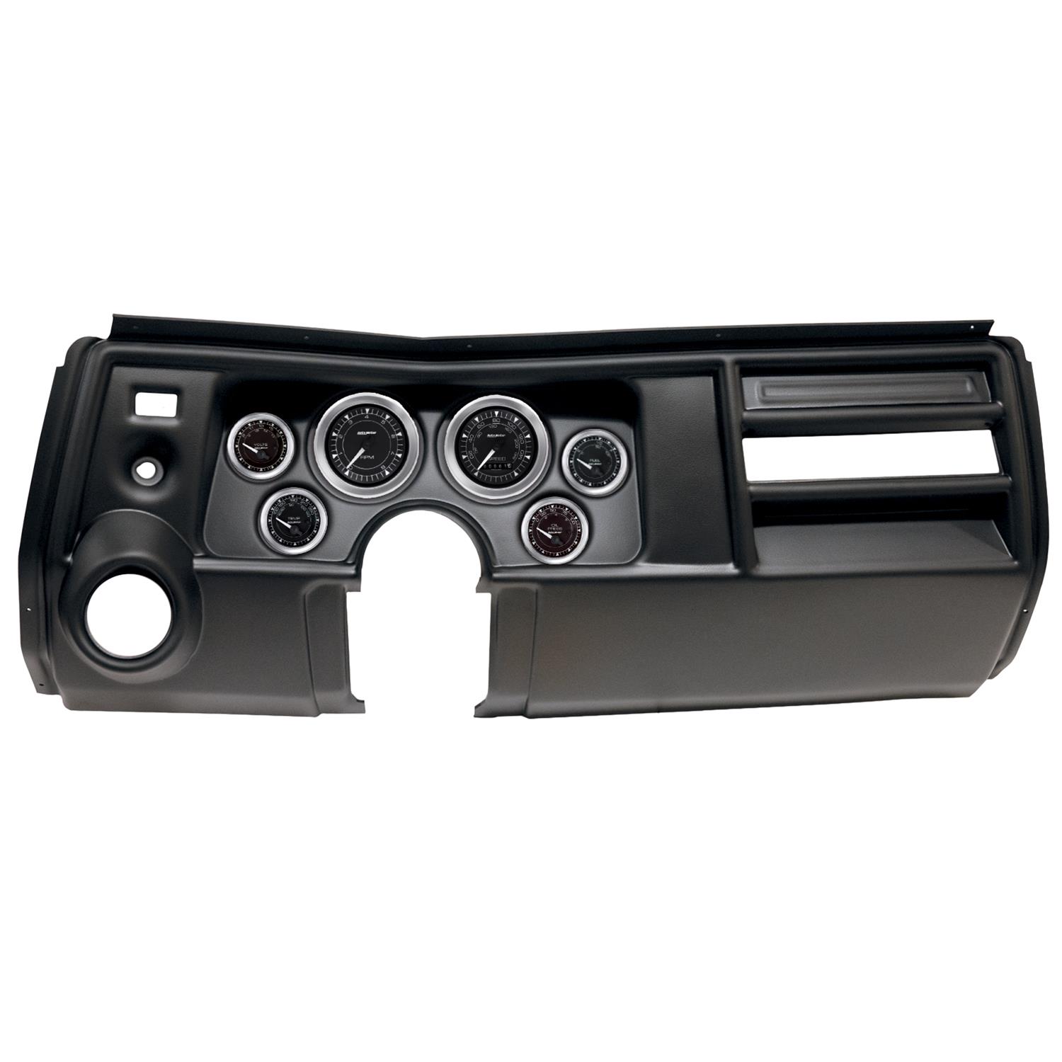 AutoMeter Chrono Instrument Clusters for 1969 CHEVELLE, EL CAMINO - 2909-04 Gauge Kit, Chrono, Analog, Black Face, Speedometer, Tach, Oil, Water, Volt, Fuel, White Numbers and Pointers, Black Panel, Chevy, Vent, Kit
