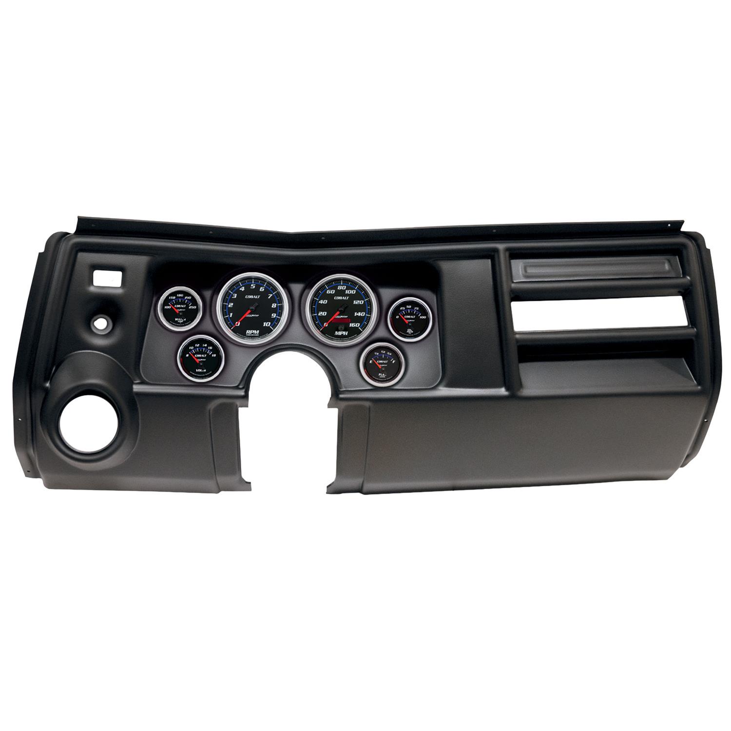 AutoMeter Cobalt Instrument Clusters for 1969 CHEVELLE, EL CAMINO - 2909-05 Gauge Kit, Cobalt, Analog, Black Face, Speedometer, Tach, Oil, Water, Volt, Fuel, White/Blue Numbers, Red Pointers, Black Panel, Chevy, Vent, Kit