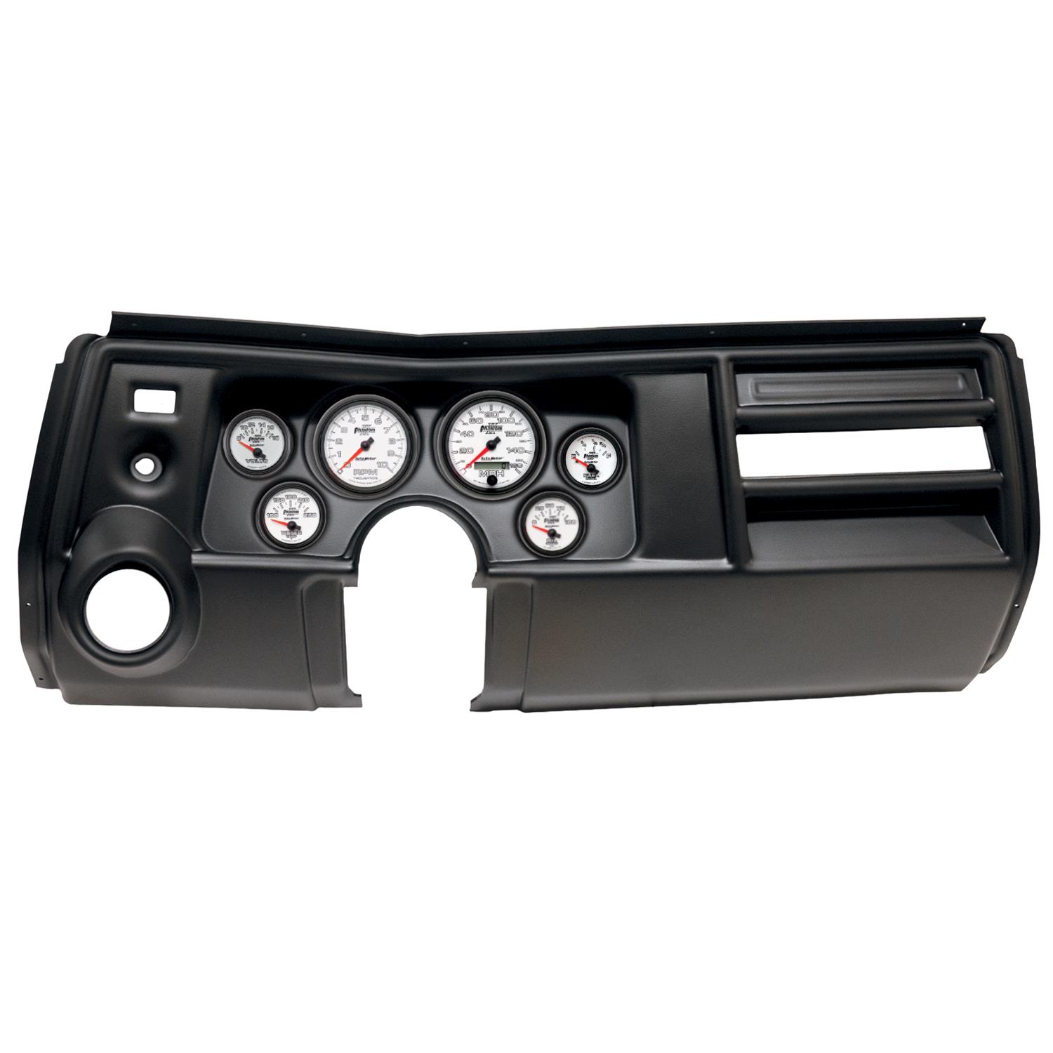 AutoMeter Phantom II Instrument Clusters for 1969 CHEVELLE, EL CAMINO - 2909-10 Gauge Kit, II, Analog, White Face, Speedometer, Tach, Oil, Water, Volt, Fuel, Silver Numbers, Red Pointers, Black Panel, Chevy, Vent, Kit