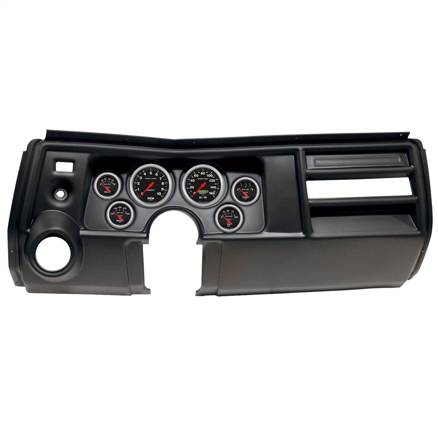 AutoMeter Sport-Comp Instrument Clusters for 1969 CHEVELLE, EL CAMINO - 2909-11 Gauge Kit, Sport-Comp, Analog, Black Face, Speedometer, Tach, Oil, Water, Volt, Fuel, White Numbers, Red Pointers, Black Panel, Chevy, Vent, Kit