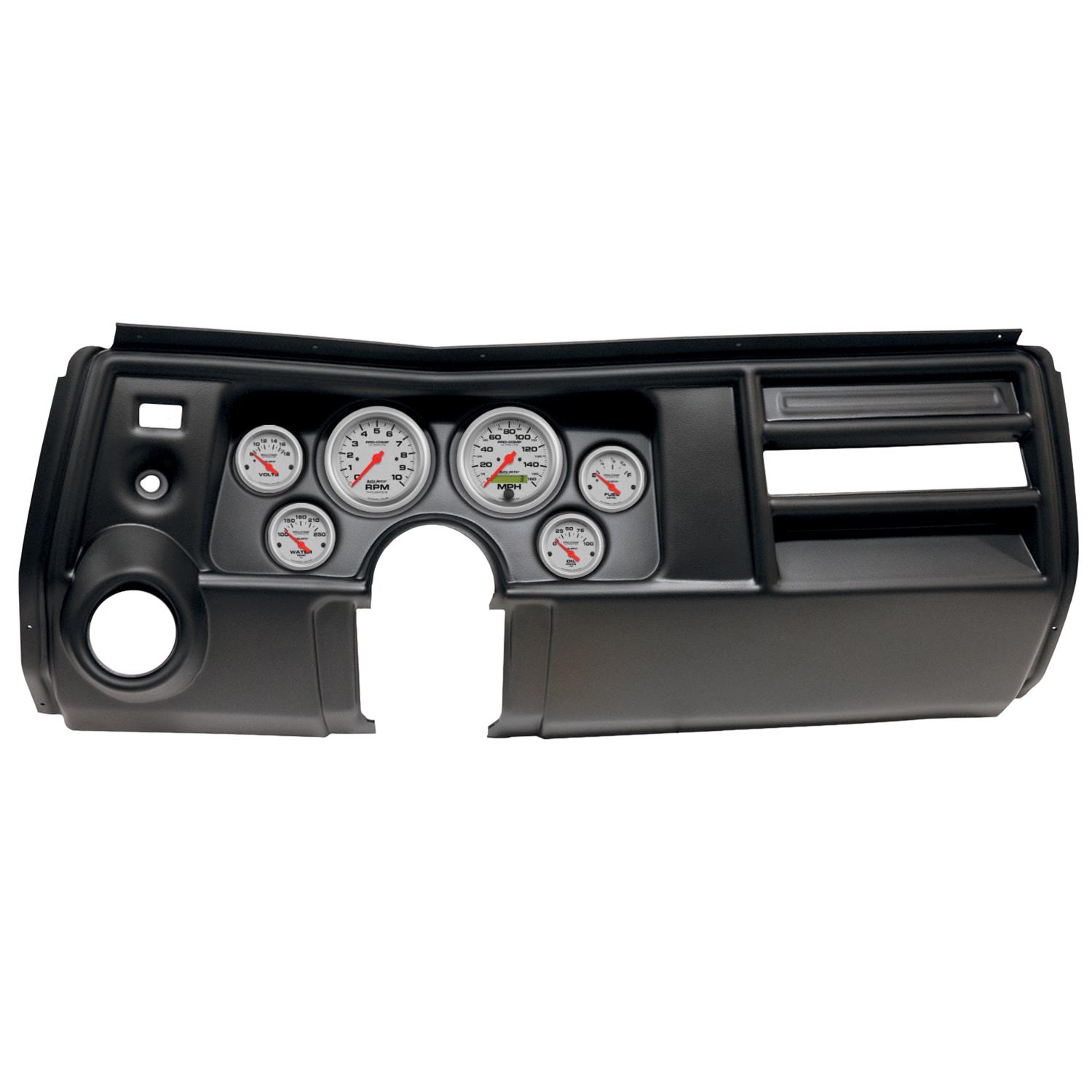 AutoMeter Ultra-Lite Instrument Clusters for 1969 CHEVELLE, EL CAMINO - 2909-13 Gauge Kit, Ultra-Lite, Analog, Silver Face, Speedometer, Tach, Oil, Water, Volt, Fuel, Black Numbers, Red Pointers, Black Panel, Chevy, Vent, Kit