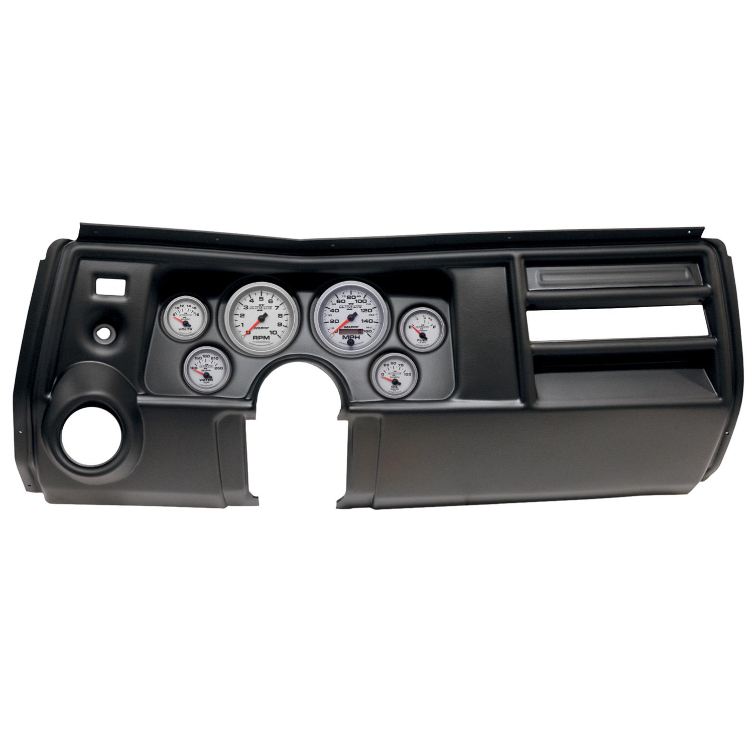 AutoMeter Ultra-Lite II Instrument Clusters for 1969 CHEVELLE, EL CAMINO - 2909-14 Gauge Kit, II, Analog, Silver Face, Speedometer, Tach, Oil, Water, Volt, Fuel, Black Numbers, Red Pointers, Black Panel, Chevy, Vent, Kit
