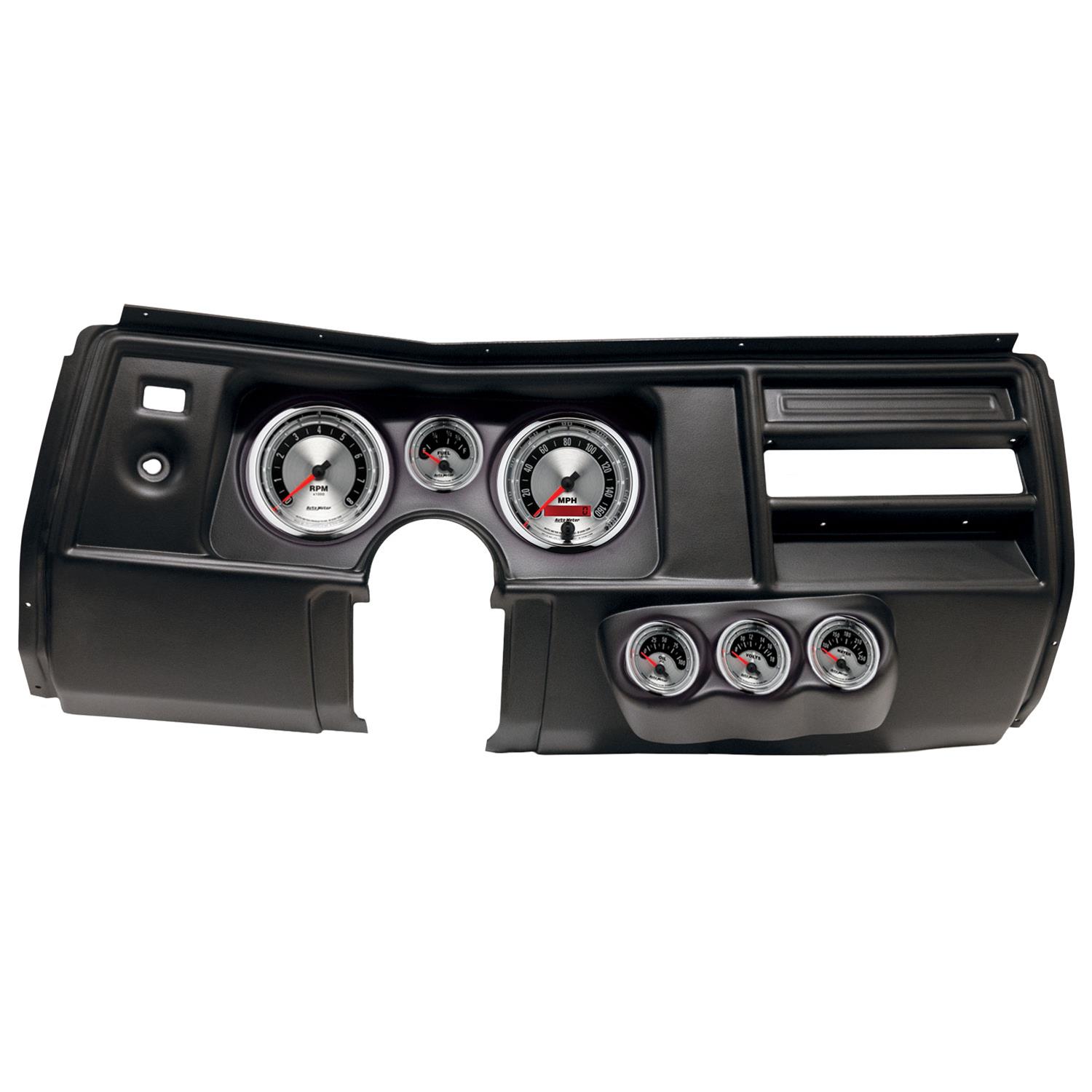 AutoMeter American Muscle Instrument Clusters for 1969 CHEVELLE, EL CAMINO - 2910-01 Gauge Kit, Muscle, Analog, Silver Face, Speedo, Tach, Oil, Water, Volt, Fuel, White Numbers, Red Pointers, Black Panel, Chevy, No Vent, Kit