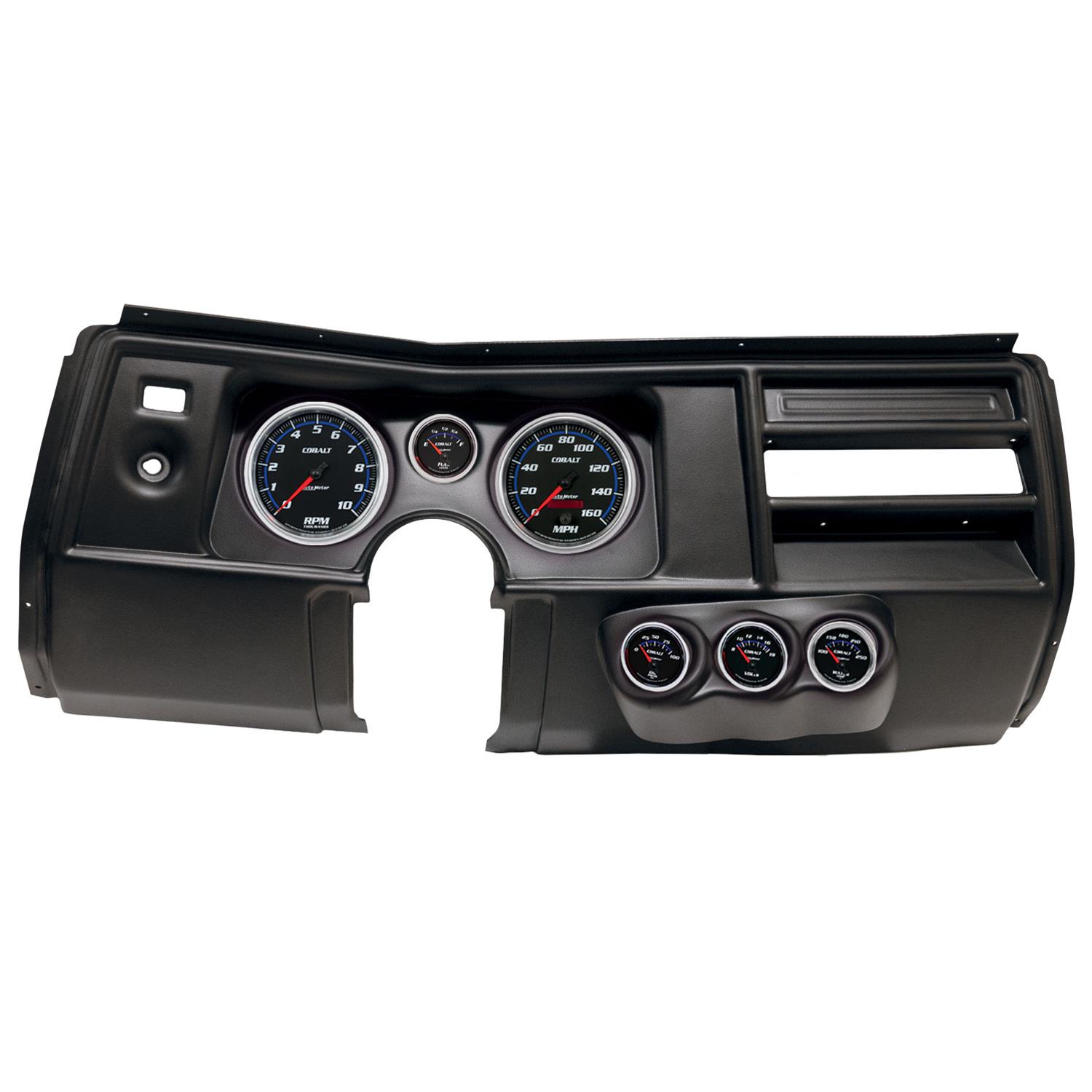 AutoMeter Cobalt Instrument Clusters for 1969 CHEVELLE, EL CAMINO - 2910-05 Gauge Kit, Cobalt, Analog, Black Face, Speedo, Tach, Oil, Water, Volt, Fuel, White/Blue Numbers, Red Pointers, Black Panel, Chevy, No Vent, Kit