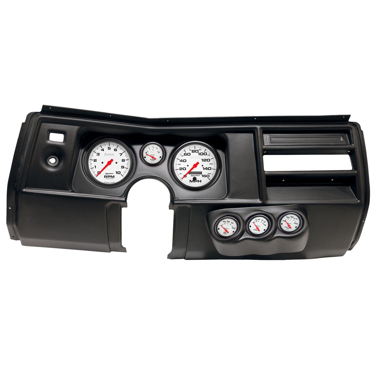 AutoMeter Phantom Instrument Clusters for 1969 CHEVELLE, EL CAMINO - 2910-09 Gauge Kit, Phantom, Analog, White Face, Speedo, Tach, Oil, Water, Volt, Fuel, Black Numbers, Red Pointers, Black Panel, Chevy, No Vent, Kit