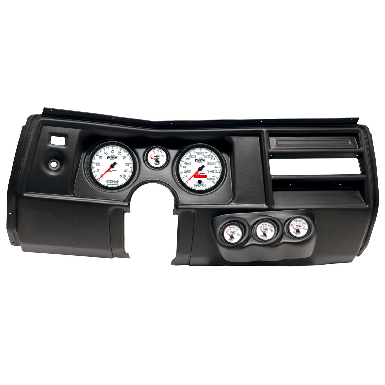 AutoMeter Phantom II Instrument Clusters for 1969 CHEVELLE, EL CAMINO - 2910-10 Gauge Kit, II, Analog, White Face, Speedometer, Tach, Oil, Water, Volt, Fuel, Silver Numbers, Red Pointers, Black Panel, Chevy, No Vent, Kit