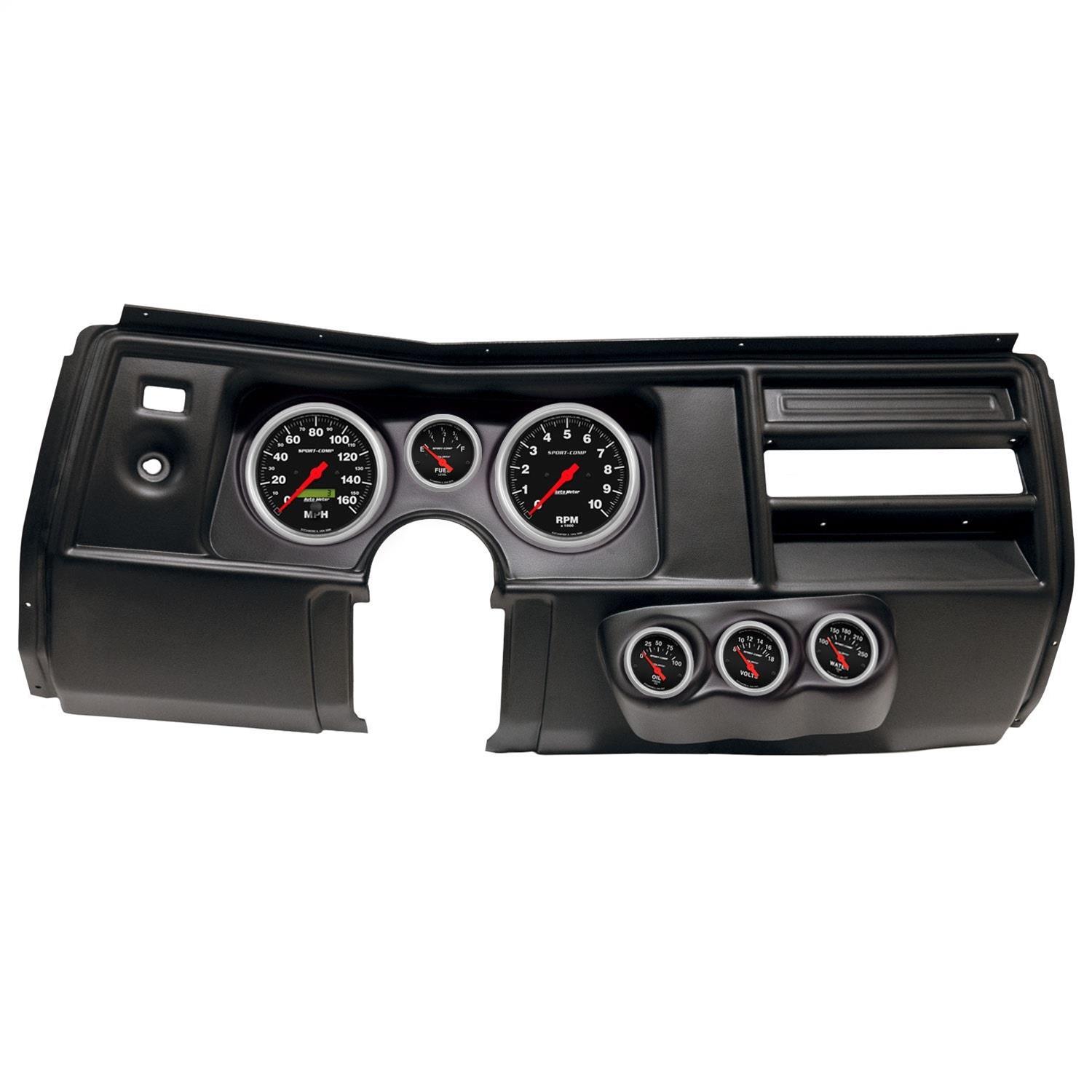 AutoMeter Sport-Comp Instrument Clusters for 1969 CHEVELLE, EL CAMINO - 2910-11 Gauge Kit, Sport-Comp, Analog, Black Face, Speedometer, Tach, Oil, Water, Volt, Fuel, White Numbers, Red Pointers, Black Panel, Chevy, No Vent, Kit