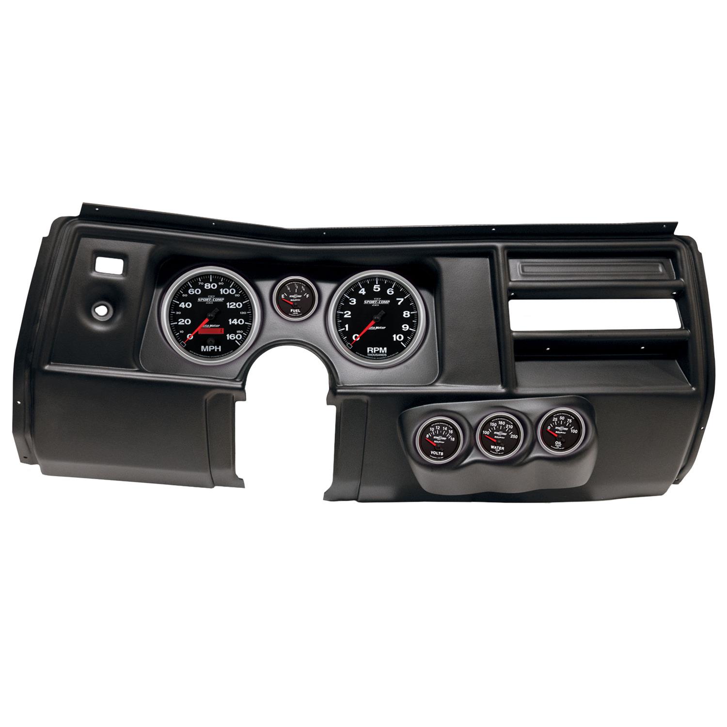 AutoMeter Sport-Comp II Instrument Clusters for 1969 CHEVELLE, EL CAMINO - 2910-12 Gauge Kit, II, Analog, Black Face, Speedometer, Tach, Oil, Water, Volt, Fuel, White Numbers, Red Pointers, Black Panel, Chevy, No Vent, Kit