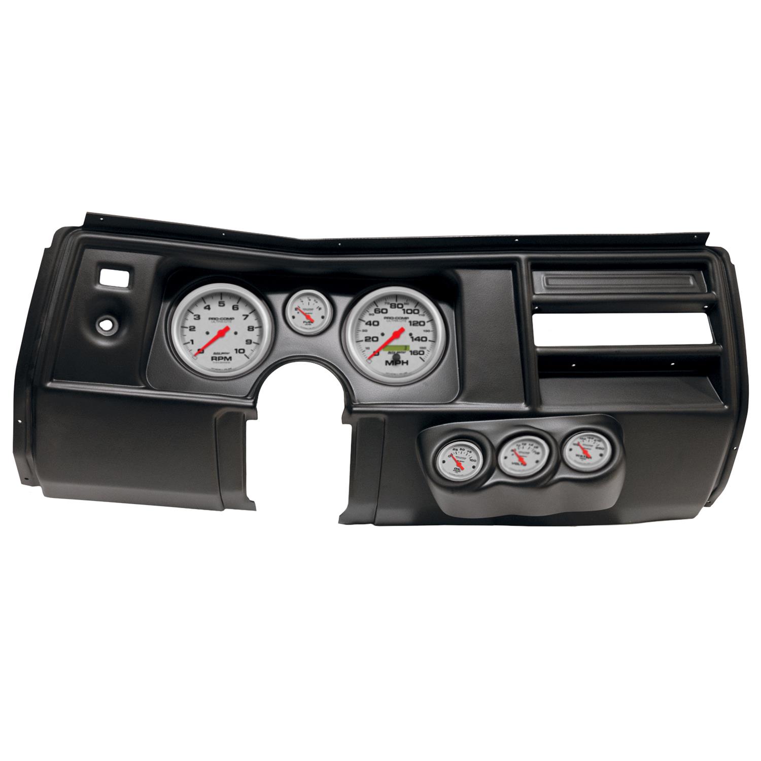 AutoMeter Ultra-Lite Instrument Clusters for 1969 CHEVELLE, EL CAMINO - 2910-13 Gauge Kit, Ultra-Lite, Analog, Silver Face, Speedometer, Tach, Oil, Water, Volt, Fuel, Black Numbers, Red Pointers, Black Panel, Chevy, No Vent, Kit