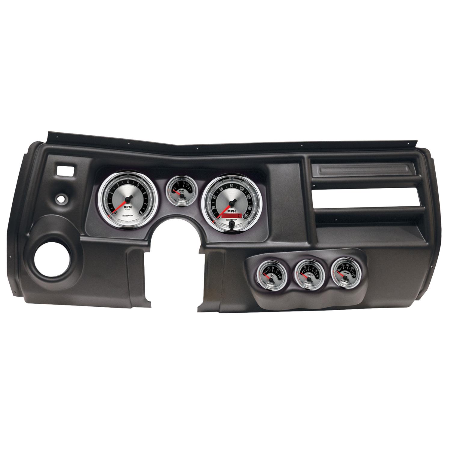 AutoMeter American Muscle Instrument Clusters for 1969 CHEVELLE, EL CAMINO - 2911-01 Gauge Kit, Muscle, Analog, Silver Face, Speedo, Tach, Oil, Water, Volt, Fuel, White Numbers, Red Pointers, Black Panel, Chevy, Vent, Kit
