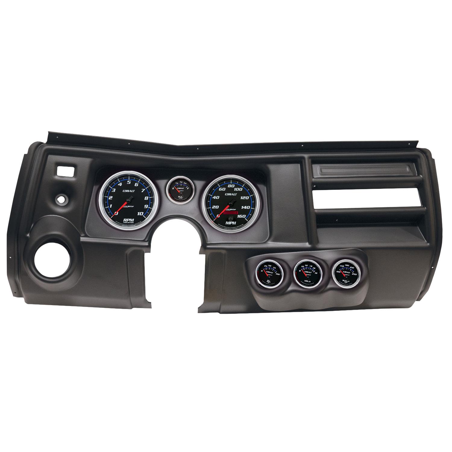 AutoMeter Cobalt Instrument Clusters for 1969 CHEVELLE, EL CAMINO - 2911-05 Gauge Kit, Cobalt, Analog, Black Face, Speedo, Tach, Oil, Water, Volt, Fuel, White/Blue Numbers, Red Pointers, Black Panel, Chevy, Vent, Kit