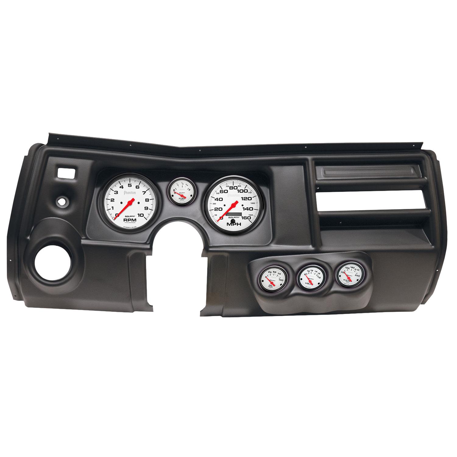 AutoMeter Phantom Instrument Clusters for 1969 CHEVELLE, EL CAMINO - 2911-09 Gauge Kit, Phantom, Analog, White Face, Speedo, Tach, Oil, Water, Volt, Fuel, Black Numbers, Red Pointers, Black Panel, Chevy, Vent, Kit