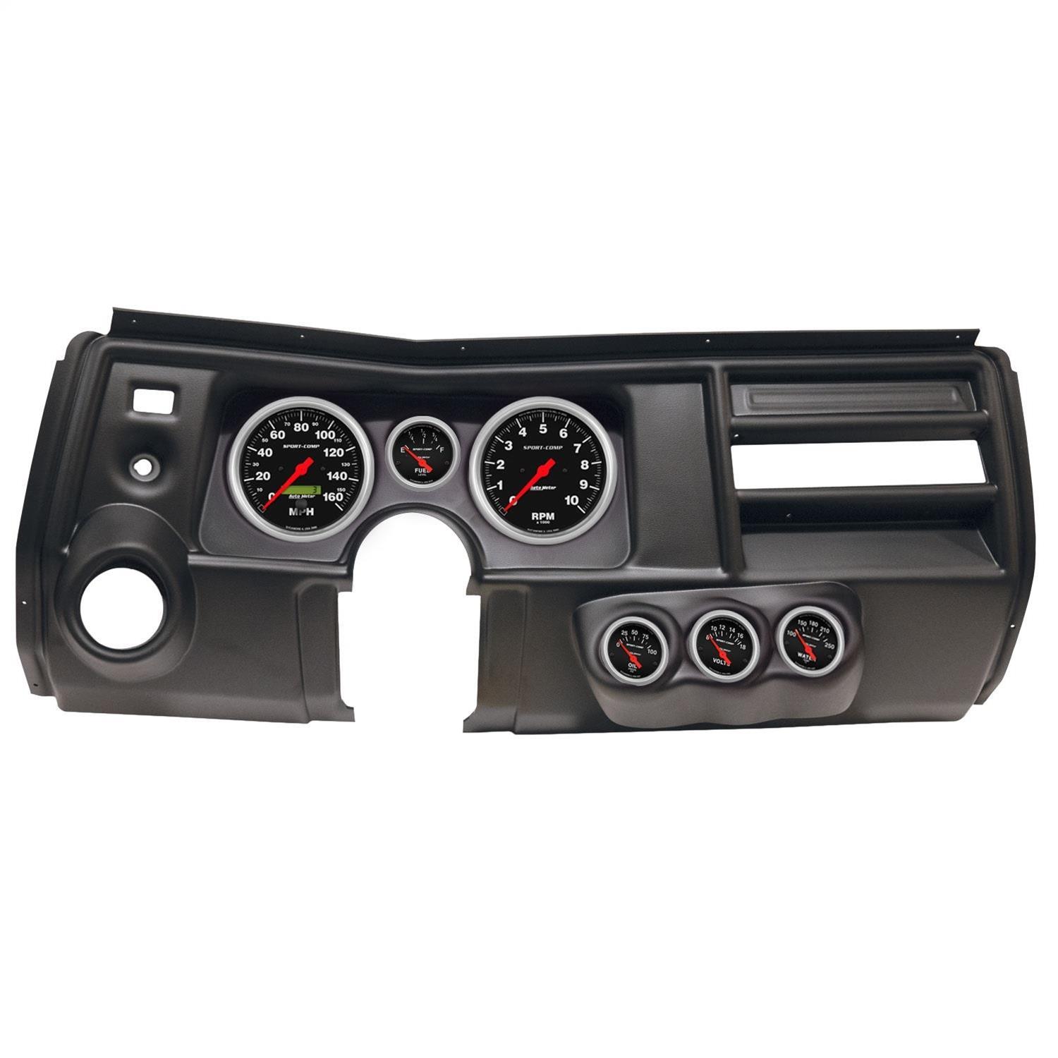 AutoMeter Sport-Comp Instrument Clusters for 1969 CHEVELLE, EL CAMINO - 2911-11 Gauge Kit, Sport-Comp, Analog, Black Face, Speedo, Tach, Oil, Water, Volt, Fuel, White Numbers, Red Pointers, Black Panel, Chevy, Vent, Kit