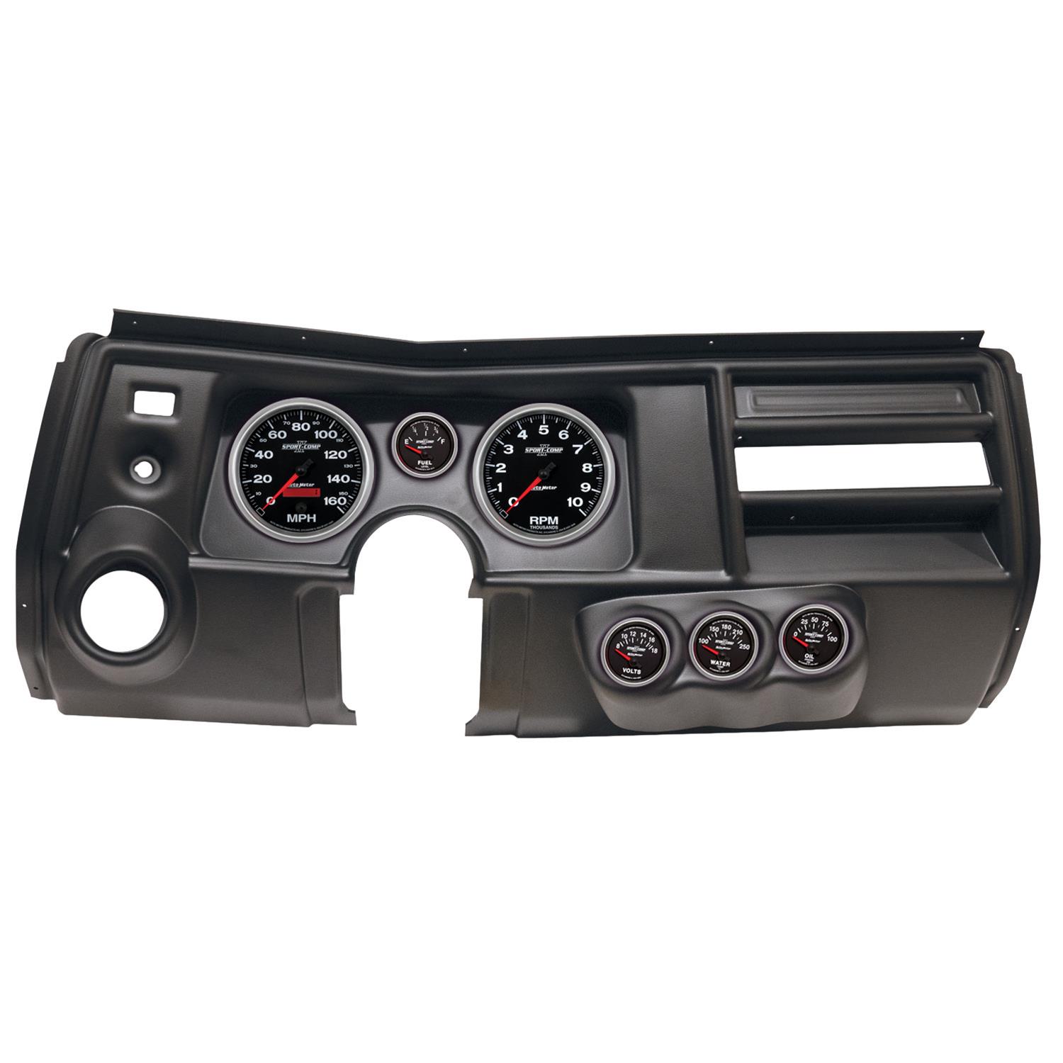 AutoMeter Sport-Comp II Instrument Clusters for 1969 CHEVELLE, EL CAMINO - 2911-12 Gauge Kit, II, Analog, Black Face, Speedo, Tach, Oil, Water, Volt, Fuel, White Numbers, Red Pointers, Black Panel, Chevy, Vent, Kit