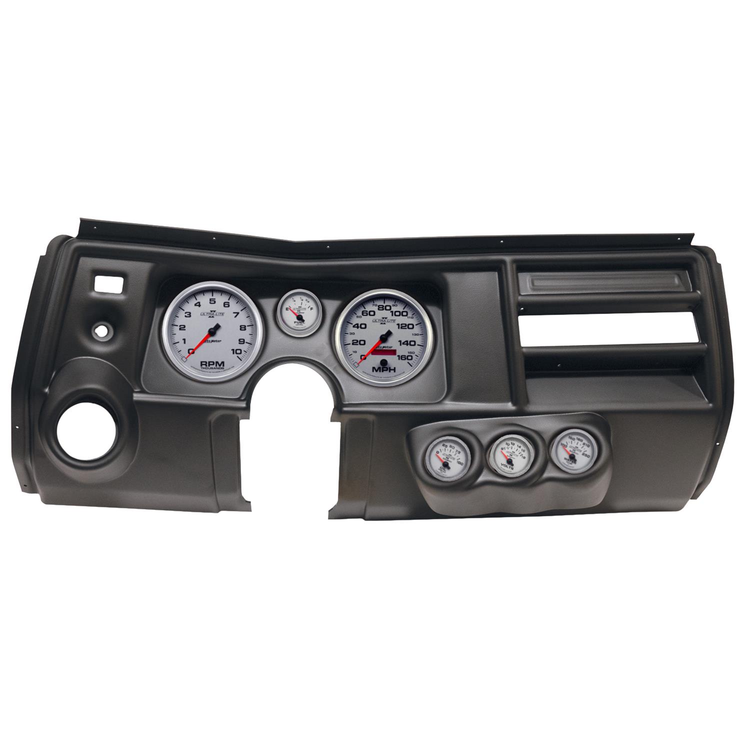 AutoMeter Ultra-Lite II Instrument Clusters for 1969 CHEVELLE, EL CAMINO - 2911-14 Gauge Kit, II, Analog, Silver Face, Speedo, Tach, Oil, Water, Volt, Fuel, Black Numbers, Red Pointers, Black Panel, Chevy, Vent, Kit