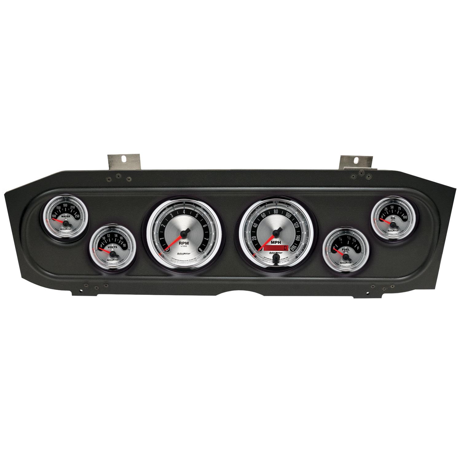 AutoMeter American Muscle Instrument Clusters for 1969-1970 COUGAR - 2913-01 Gauge Kit, Muscle, Analog, Silver Face, Speedo, Tach, Oil, Water, Volt, Fuel, White Numbers, Red Pointers, Black Panel, Mercury, Kit