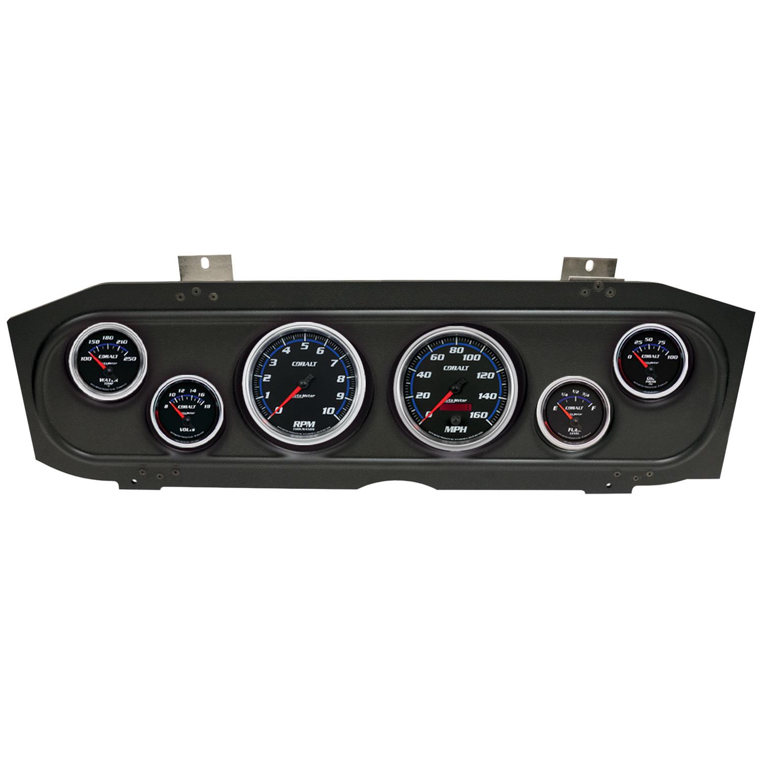 AutoMeter Cobalt Instrument Clusters for 1969-1970 COUGAR - 2913-05 Gauge Kit, Cobalt, Analog, Black Face, Speedo, Tach, Oil, Water, Volt, Fuel, White/Blue Numbers, Red Pointers, Black Panel, Mercury, Kit