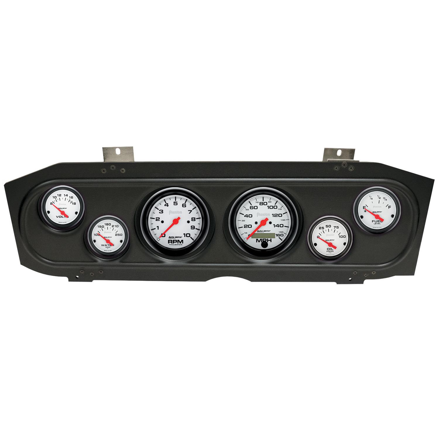 AutoMeter Phantom Instrument Clusters for 1969-1970 COUGAR - 2913-09 Gauge Kit, Phantom, Analog, White Face, Speedo, Tach, Oil, Water, Volt, Fuel, Black Numbers, Red Pointers, Black Panel, Mercury, Kit