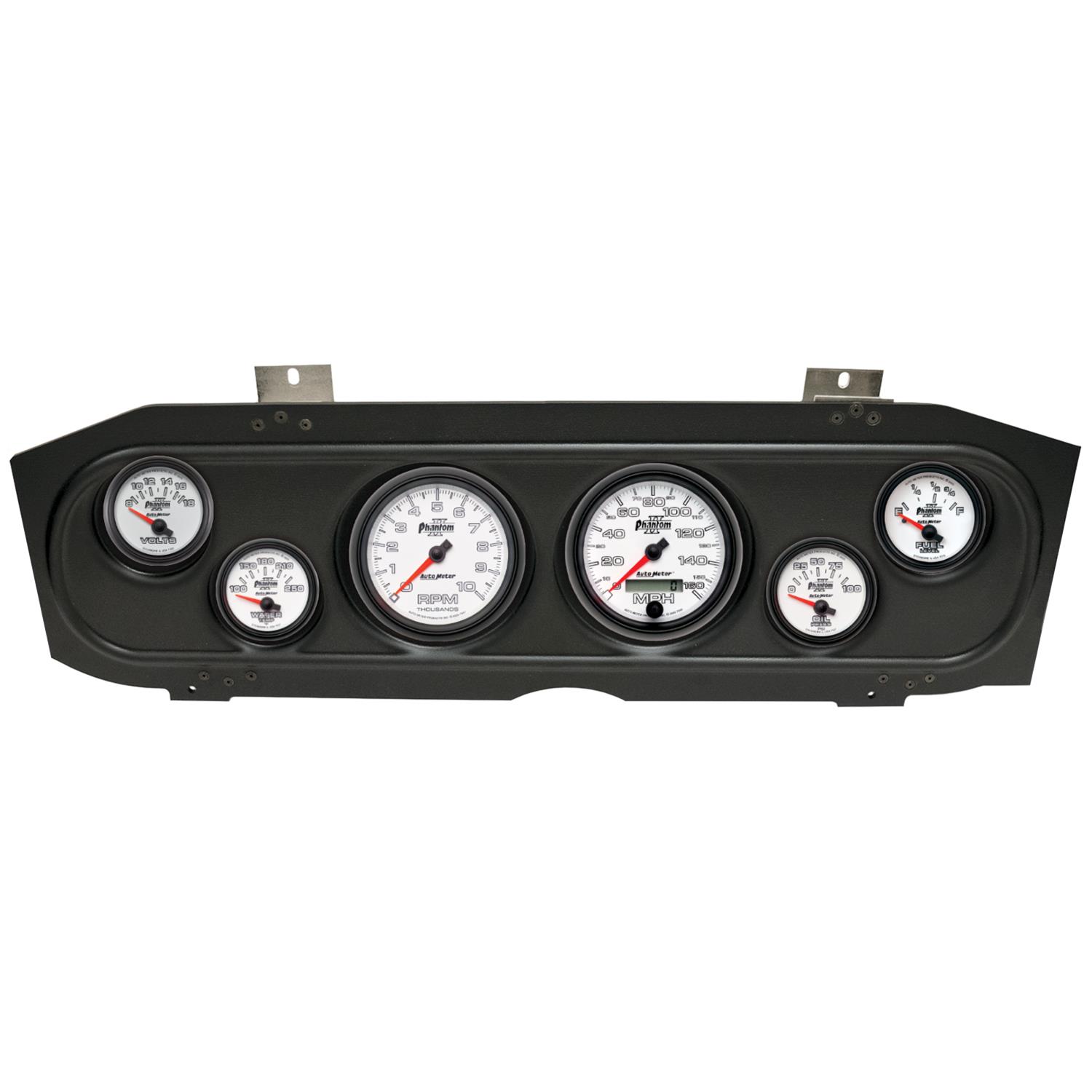 AutoMeter Phantom II Instrument Clusters for 1969-1970 COUGAR - 2913-10 Gauge Kit, II, Analog, White Face, Speedo, Tach, Oil, Water, Volt, Fuel, Silver Numbers, Red Pointers, Black Panel, Mercury, Kit
