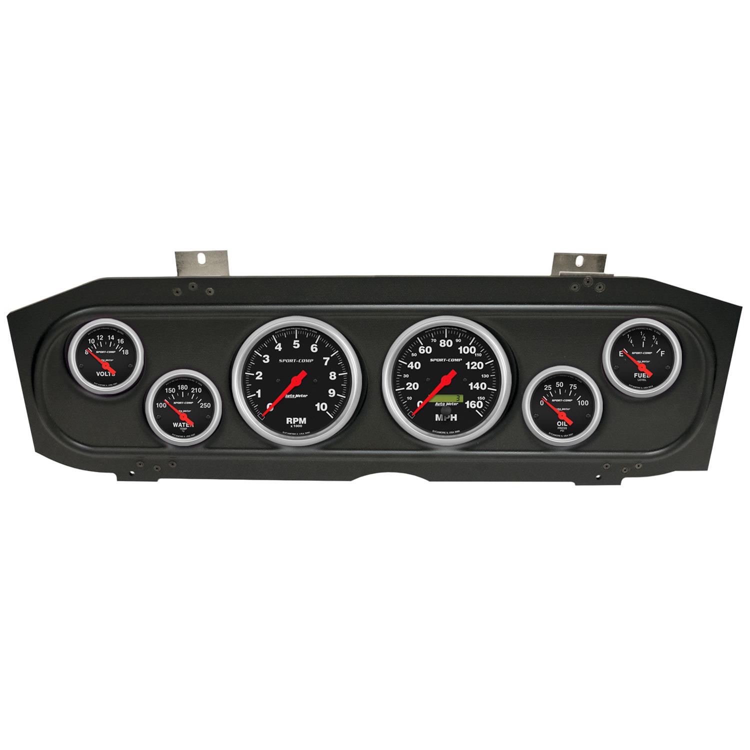 AutoMeter Sport-Comp Instrument Clusters for 1969-1970 COUGAR - 2913-11 Gauge Kit, Sport-Comp, Analog, Black Face, Speedo, Tach, Oil, Water, Volt, Fuel, White Numbers, Red Pointers, Black Panel, Mercury, Kit