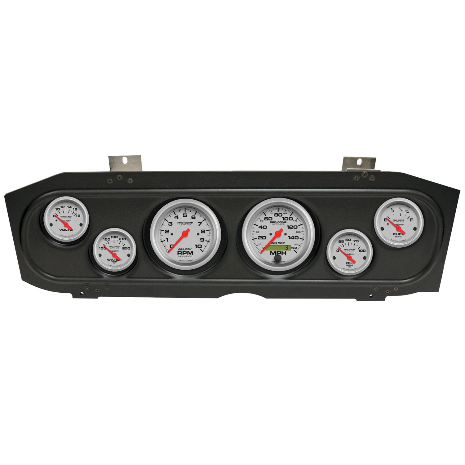 AutoMeter Ultra-Lite Instrument Clusters for 1969-1970 COUGAR - 2913-13 Gauge Kit, Ultra-Lite, Analog, Silver Face, Speedo, Tach, Oil, Water, Volt, Fuel, Black Numbers, Red Pointers, Black Panel, Mercury, Kit