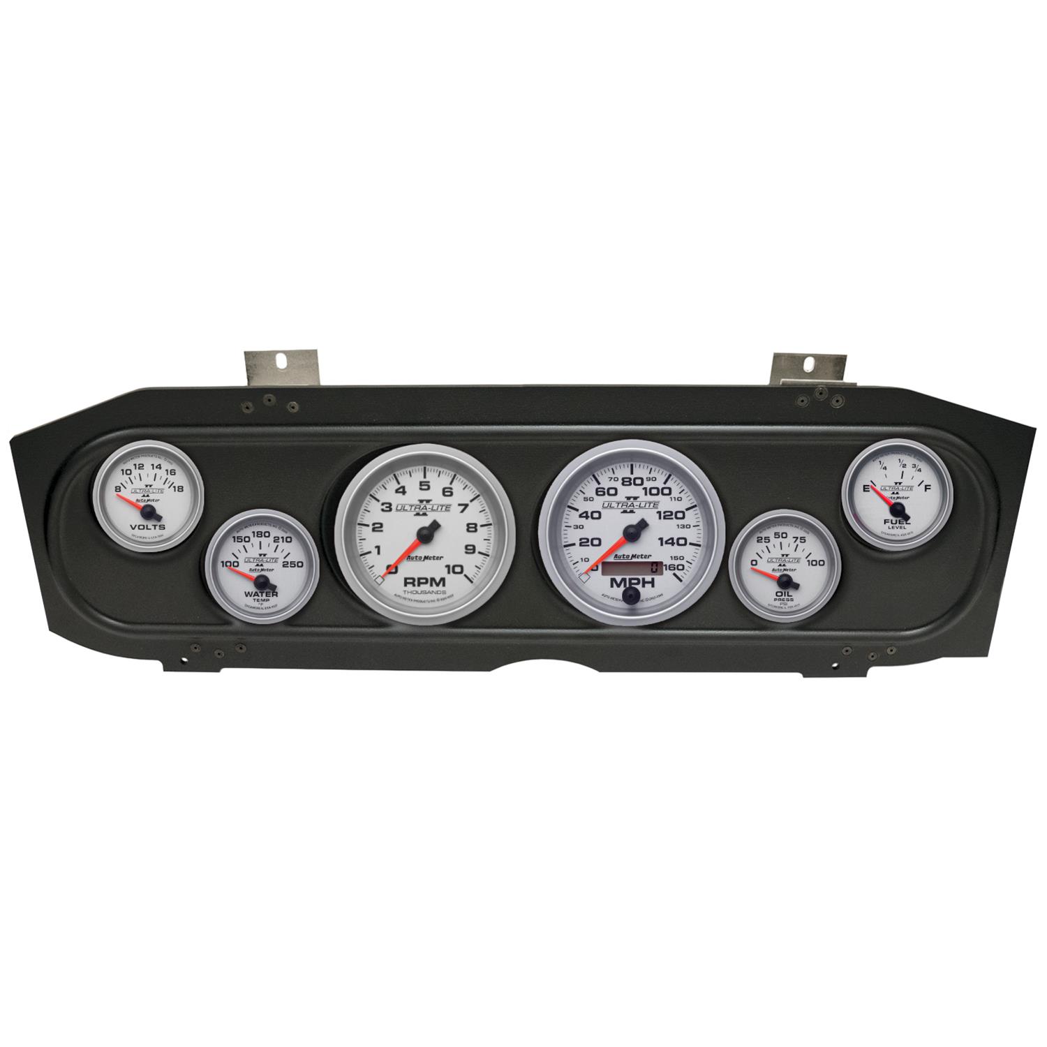 AutoMeter Ultra-Lite II Instrument Clusters for 1969-1970 COUGAR - 2913-14 Gauge Kit, II, Analog, Silver Face, Speedo, Tach, Oil, Water, Volt, Fuel, Black Numbers, Red Pointers, Black Panel, Mercury, Kit