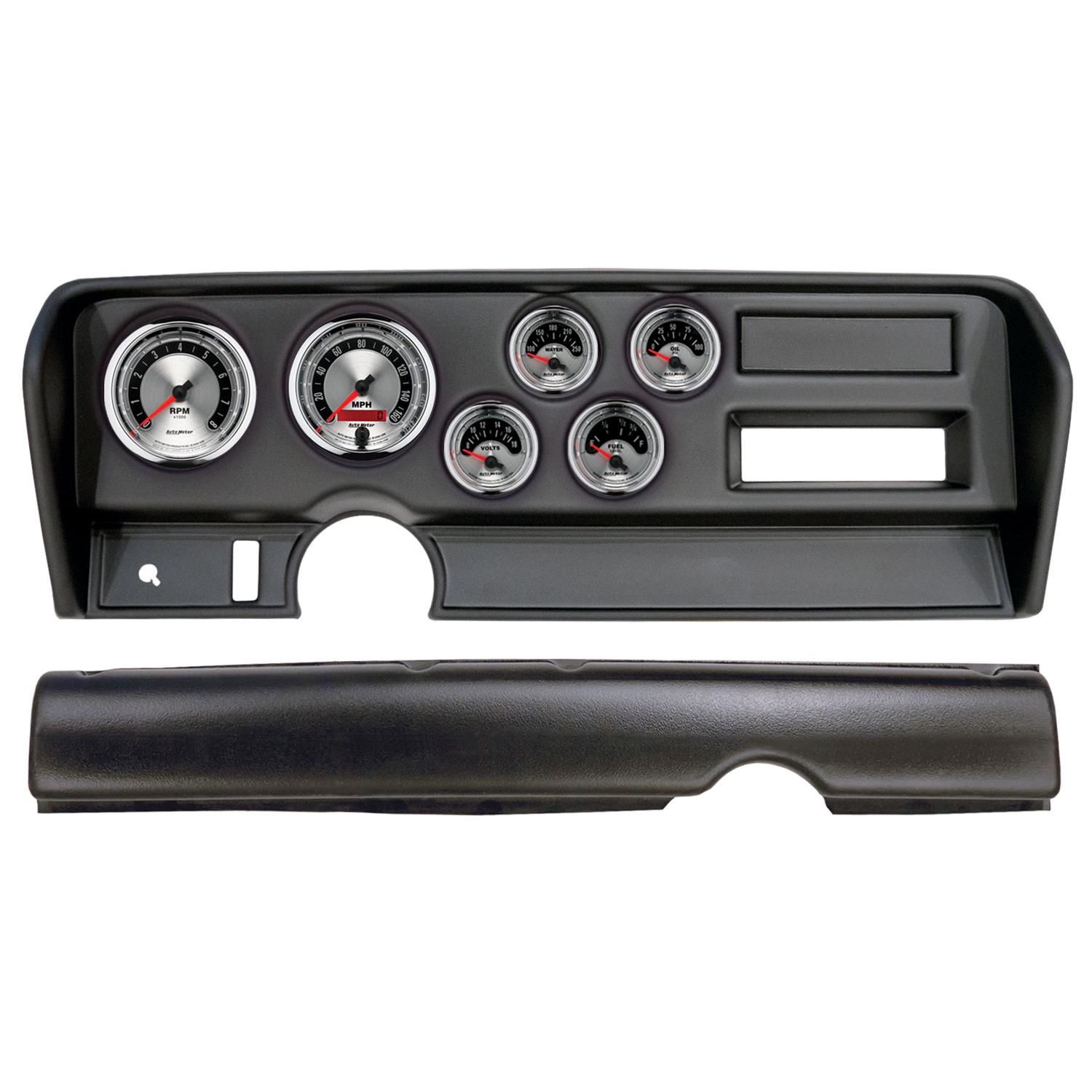 AutoMeter American Muscle Instrument Clusters for 1970-1972 GTO, LEMANS - 2914-01 Gauge Kit, Muscle, Analog, Silver Face, Speedo, Tach, Oil, Water, Volt, Fuel, White Numbers, Red Pointers, Black Panel, Pontiac, No A/C, Kit