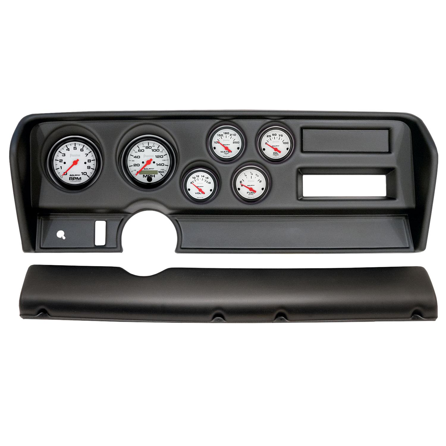 AutoMeter Phantom Instrument Clusters for 1970-1972 GTO, LEMANS - 2914-09 Gauge Kit, Phantom, Analog, White Face, Speedo, Tach, Oil, Water, Volt, Fuel, Black Numbers, Red Pointers, Black Panel, Pontiac, No A/C, Kit