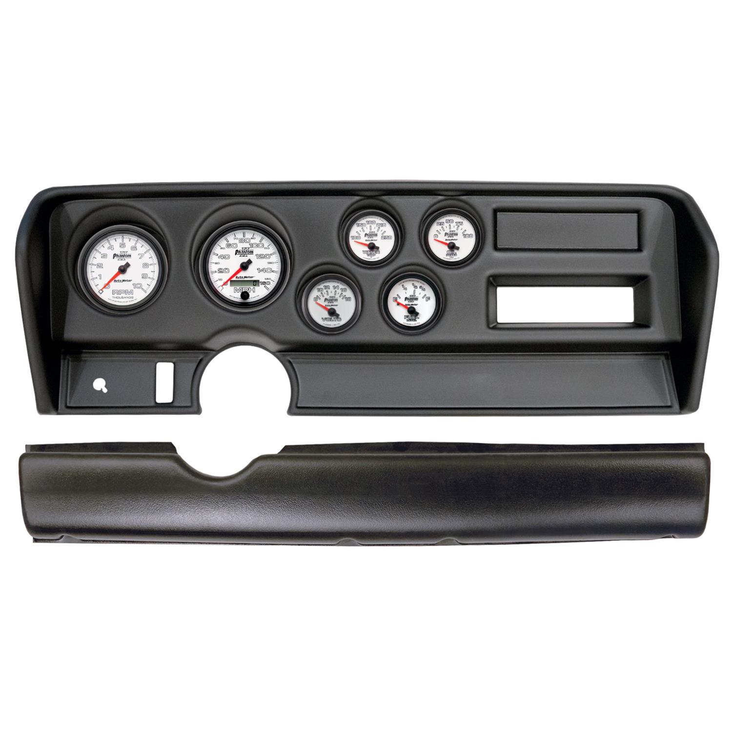 AutoMeter Phantom II Instrument Clusters for 1970-1972 GTO, LEMANS - 2914-10 Gauge Kit, II, Analog, White Face, Speedo, Tach, Oil, Water, Volt, Fuel, Silver Numbers, Red Pointers, Black Panel, Pontiac, No A/C, Kit