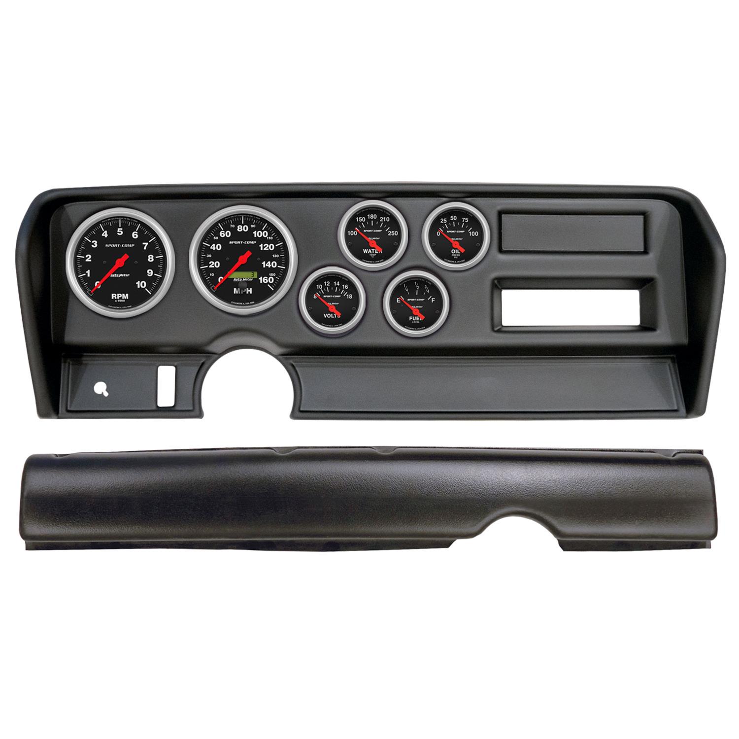 AutoMeter Sport-Comp Instrument Clusters for 1970-1972 GTO, LEMANS - 2914-11 Gauge Kit, Sport-Comp, Analog, Black Face, Speedo, Tach, Oil, Water, Volt, Fuel, White Numbers, Red Pointers, Black Panel, Pontiac, No A/C, Kit