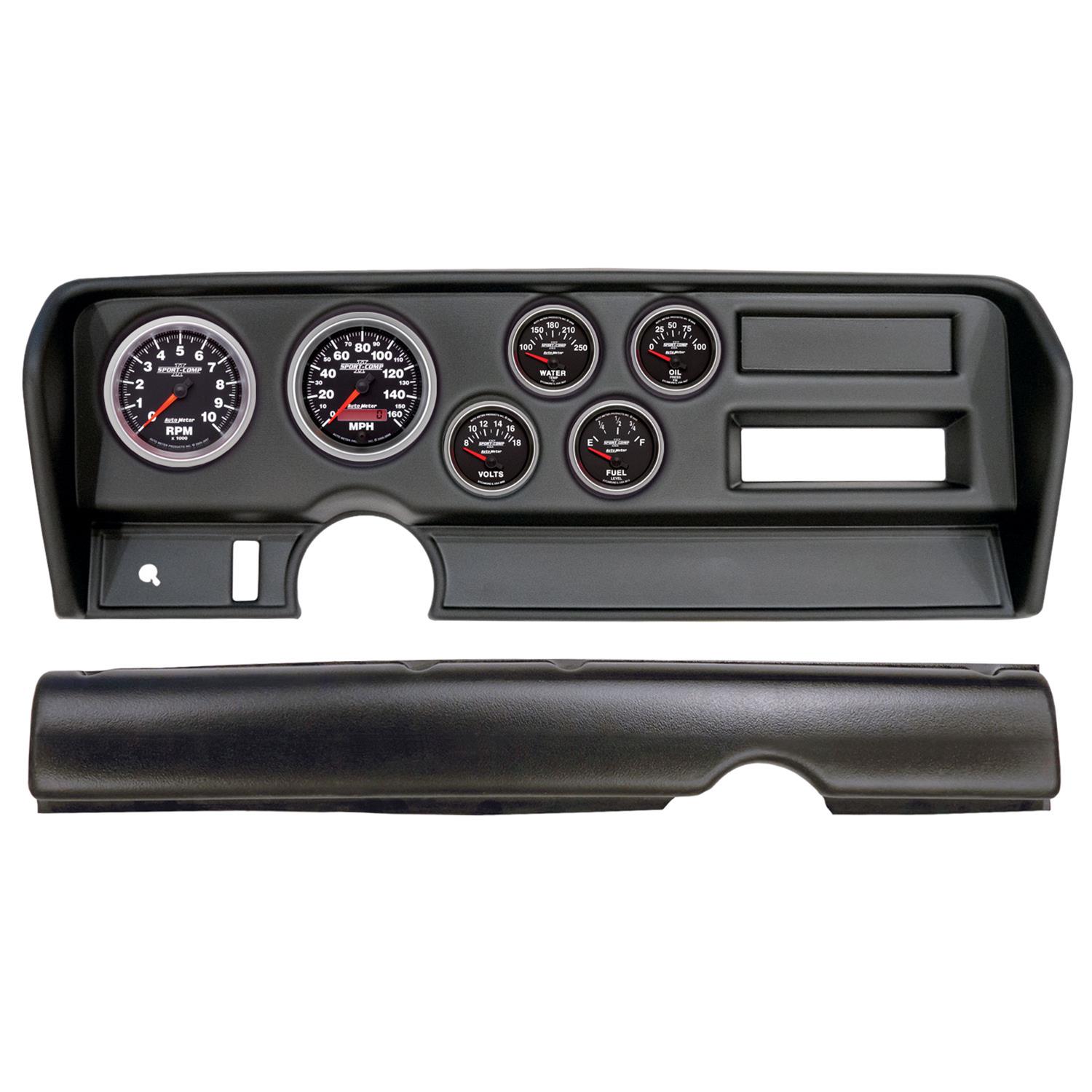 AutoMeter Sport-Comp II Instrument Clusters for 1970-1972 GTO - 2914-12 Gauge Kit, II, Analog, Black Face, Speedo, Tach, Oil, Water, Volt, Fuel, White Numbers, Red Pointers, Black Panel, Pontiac, No A/C, Kit
