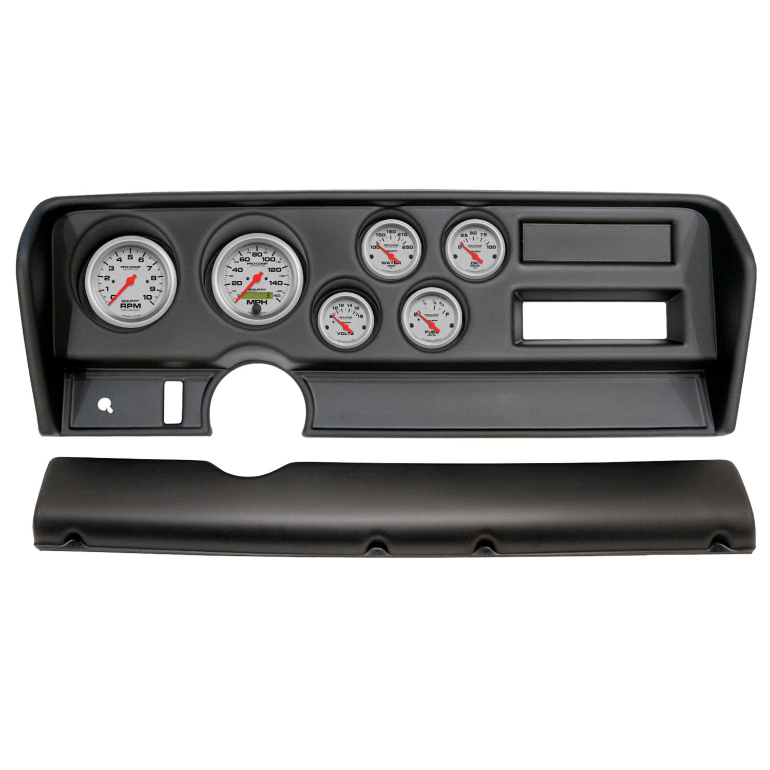 AutoMeter Ultra-Lite Instrument Clusters for 1970-1972 GTO, LEMANS - 2914-13 Gauge Kit, Ultra-Lite, Analog, Silver Face, Speedo, Tach, Oil, Water, Volt, Fuel, Black Numbers, Red Pointers, Black Panel, Pontiac, No A/C, Kit