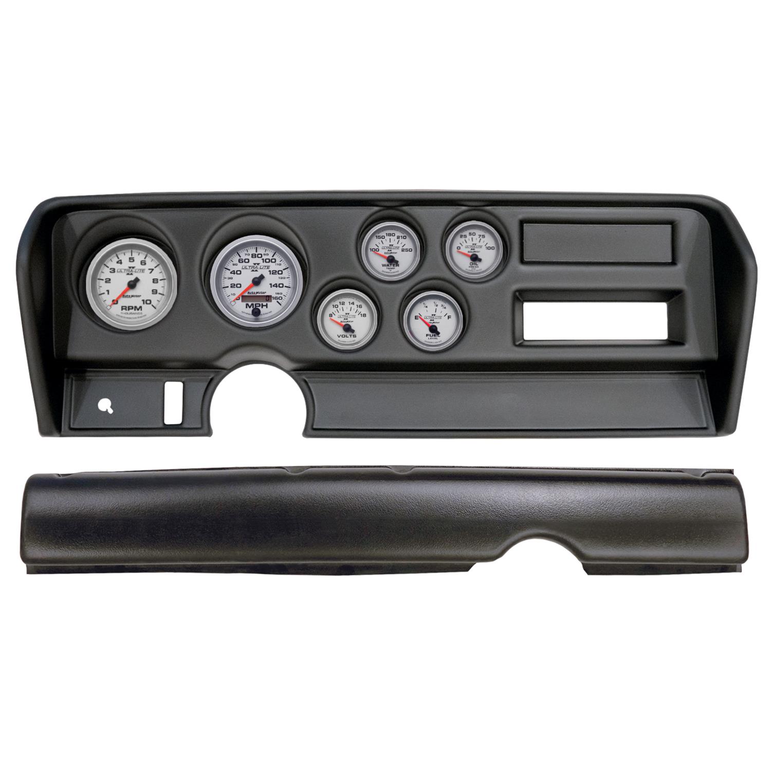 AutoMeter Ultra-Lite II Instrument Clusters for 1970-1972 GTO, LEMANS - 2914-14 Gauge Kit, II, Analog, Silver Face, Speedo, Tach, Oil, Water, Volt, Fuel, Black Numbers, Red Pointers, Black Panel, Pontiac, No A/C, Kit